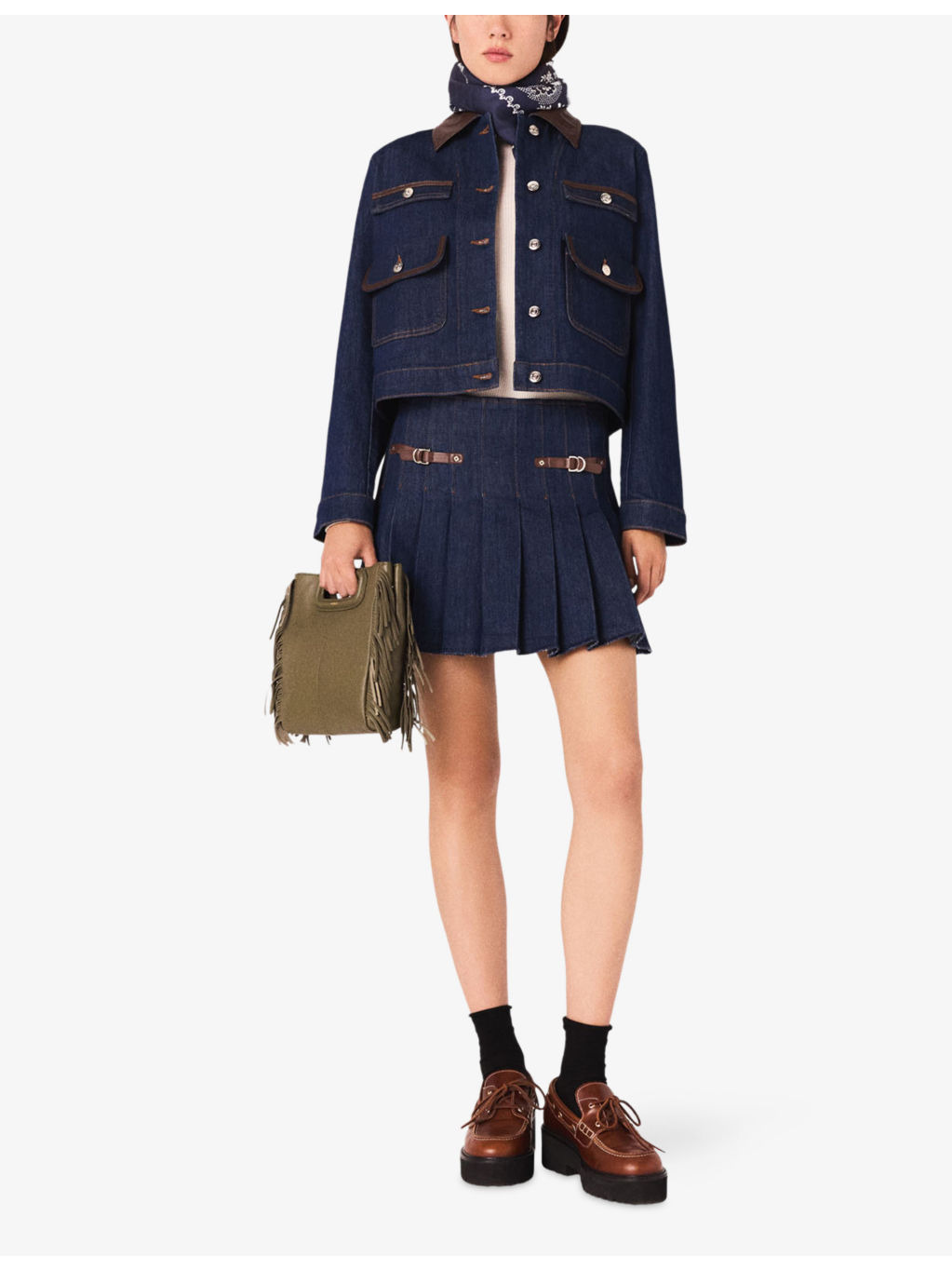 Contrast-Trim Pleated Stretch-Denim Mini Skirt - 2