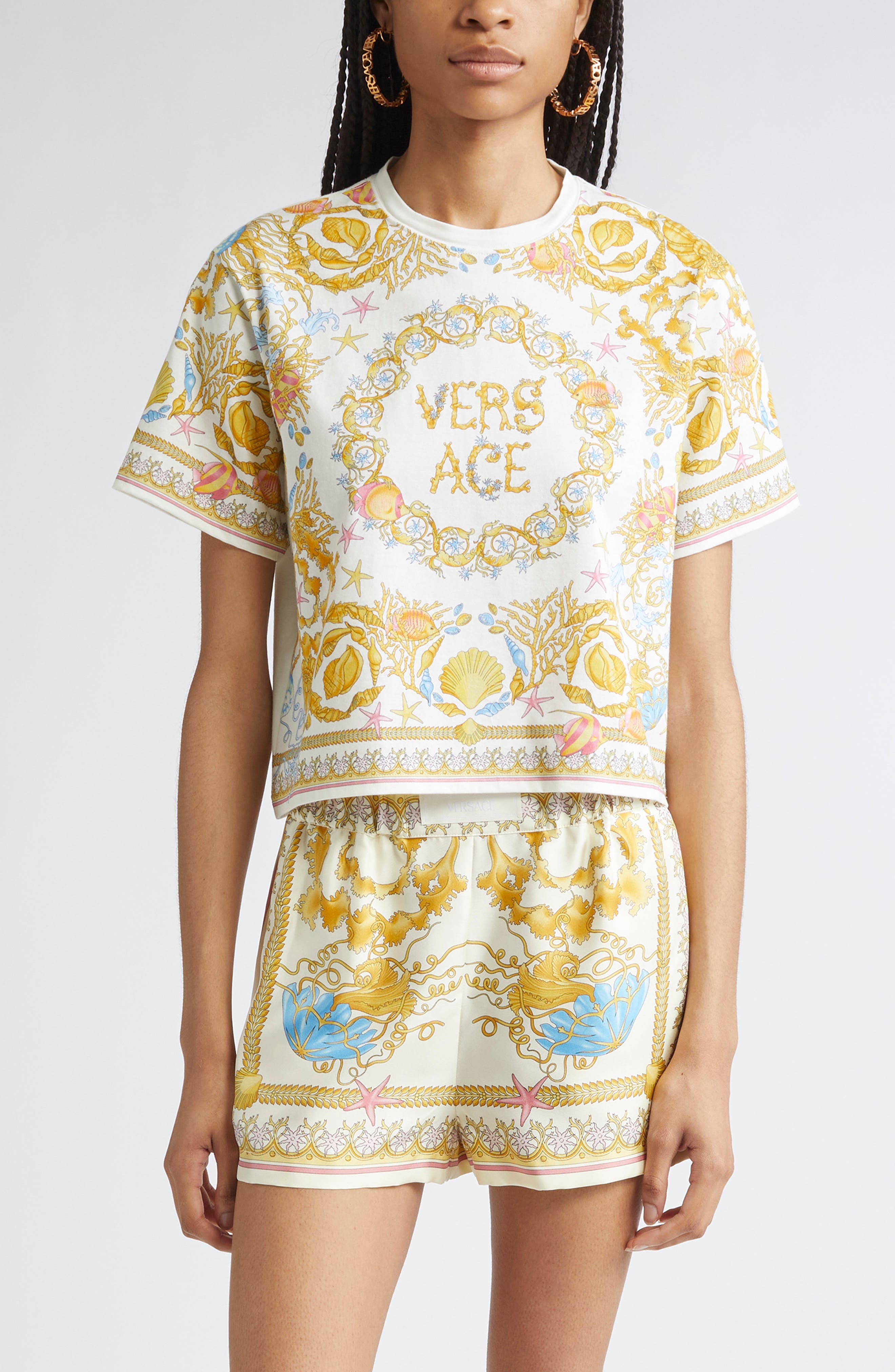 Versace Barocco Underwater Cotton T-Shirt in Eggshell Multicolor at Nordstrom - 1