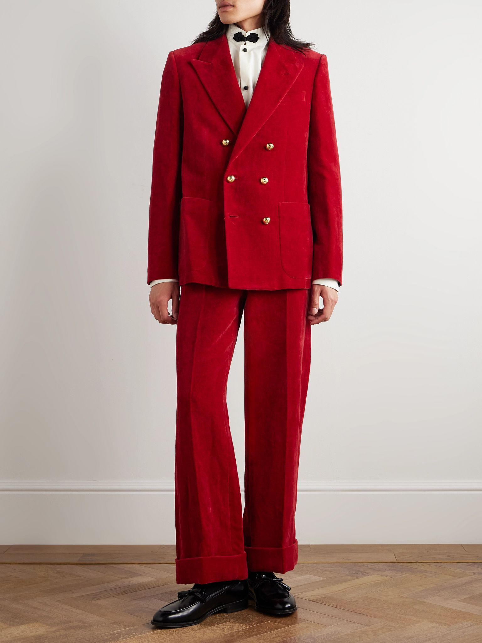 Double-Breasted Cotton and Linen-Blend Velvet Blazer Red - 2