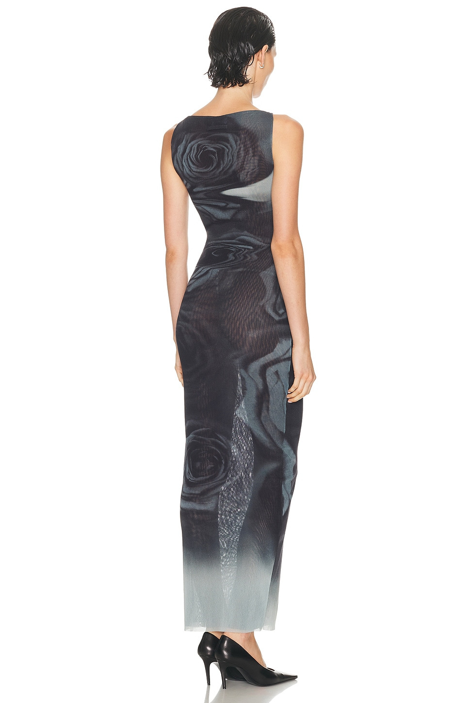 Boat Neck Blurry Roses Printed Sleeveless Dress - 4