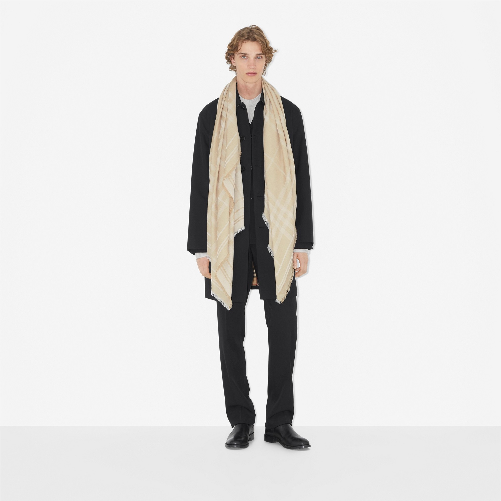 Check Wool Cotton Silk Scarf - 4