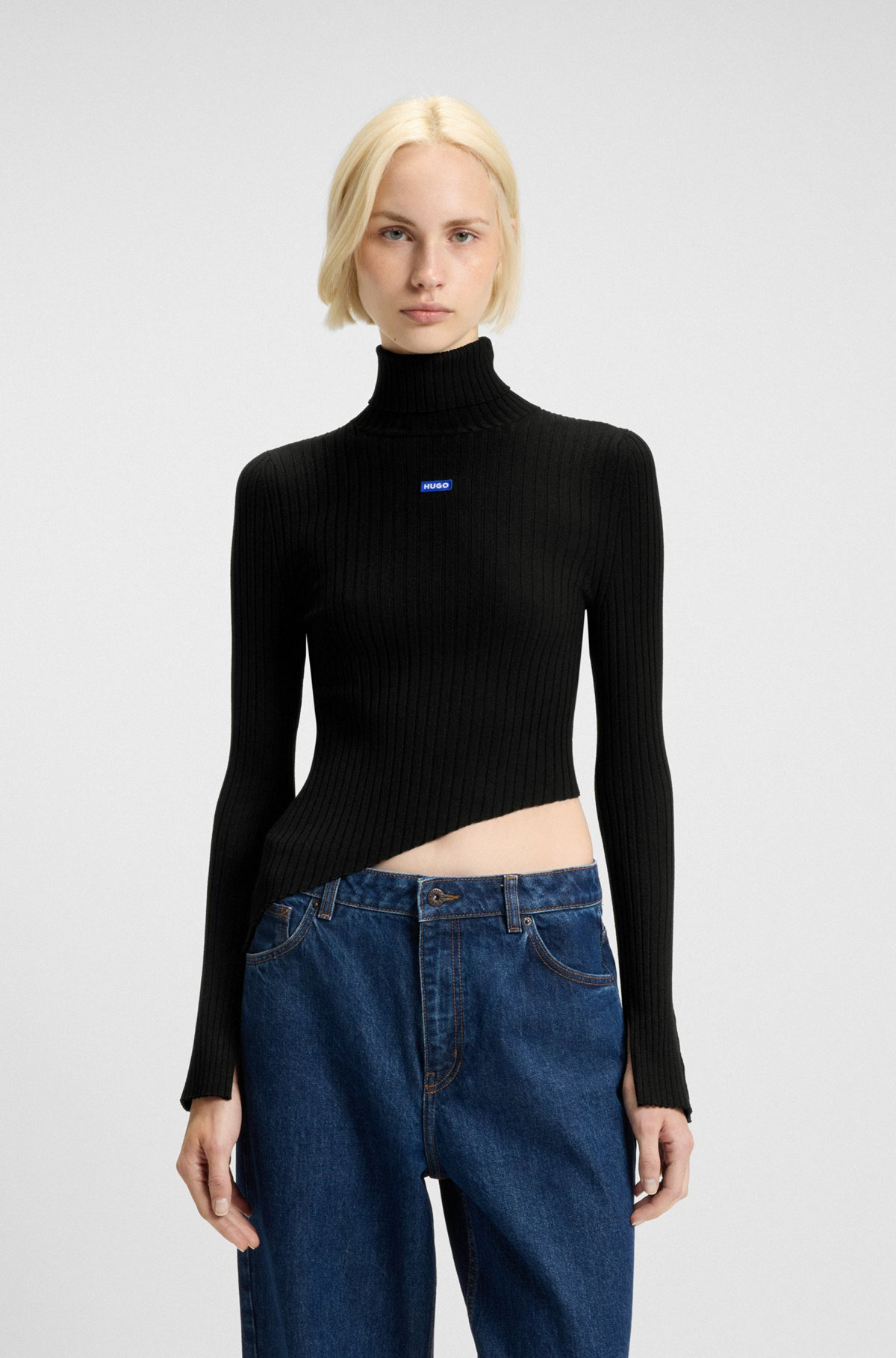 LOGO-BADGE RIB-KNIT SWEATER WITH ASYMMETRIC HEM - 2