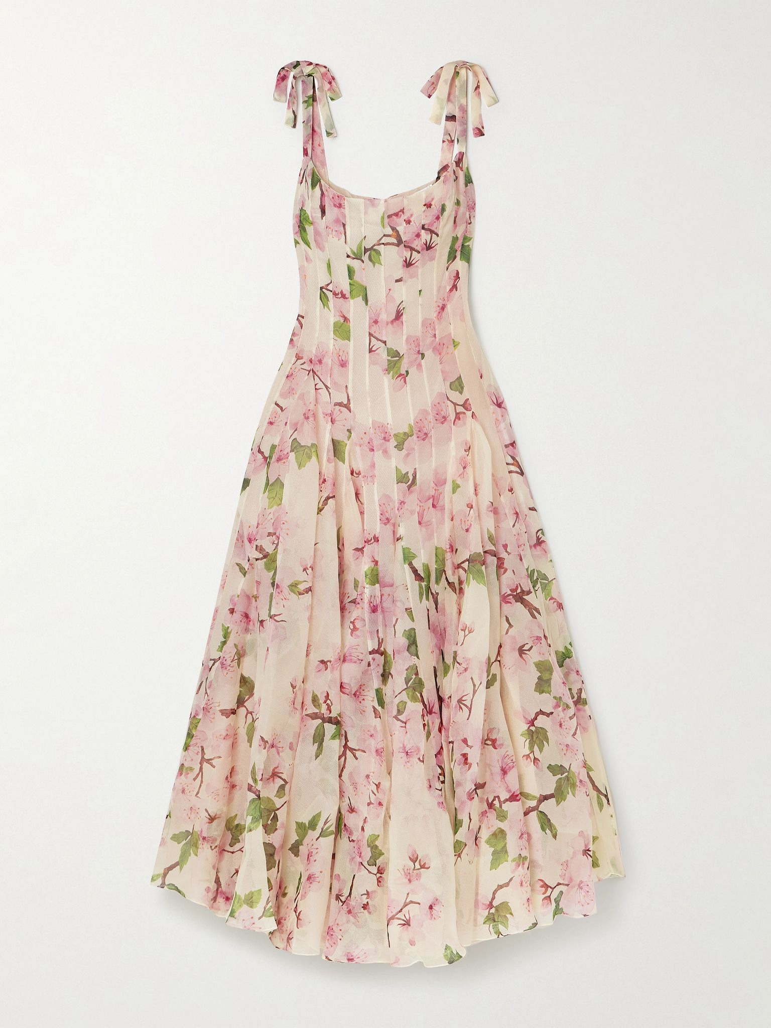 Pleated floral-print silk-blend organza gown Cream - 1