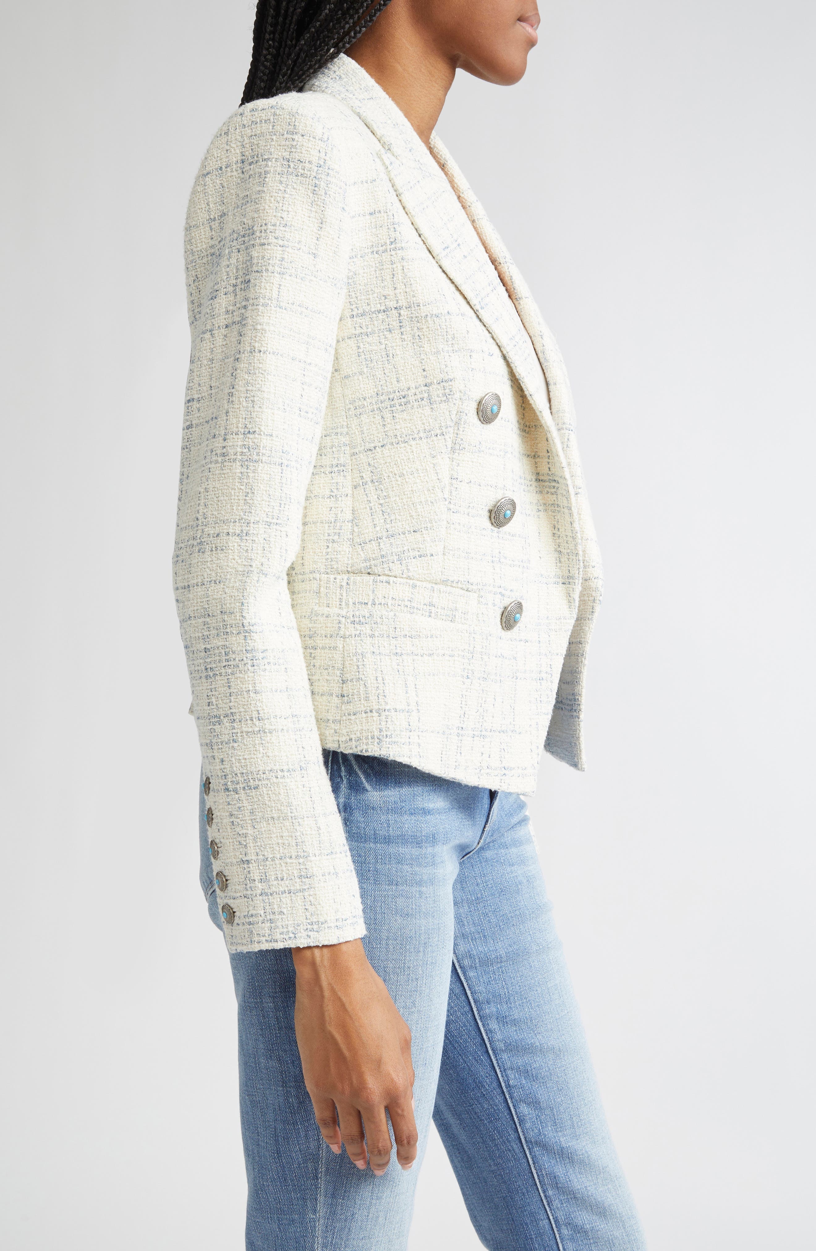 L'AGENCE Brooke Double Breasted Tweed Blazer in Vintage White/Blue Check at Nordstrom - 4