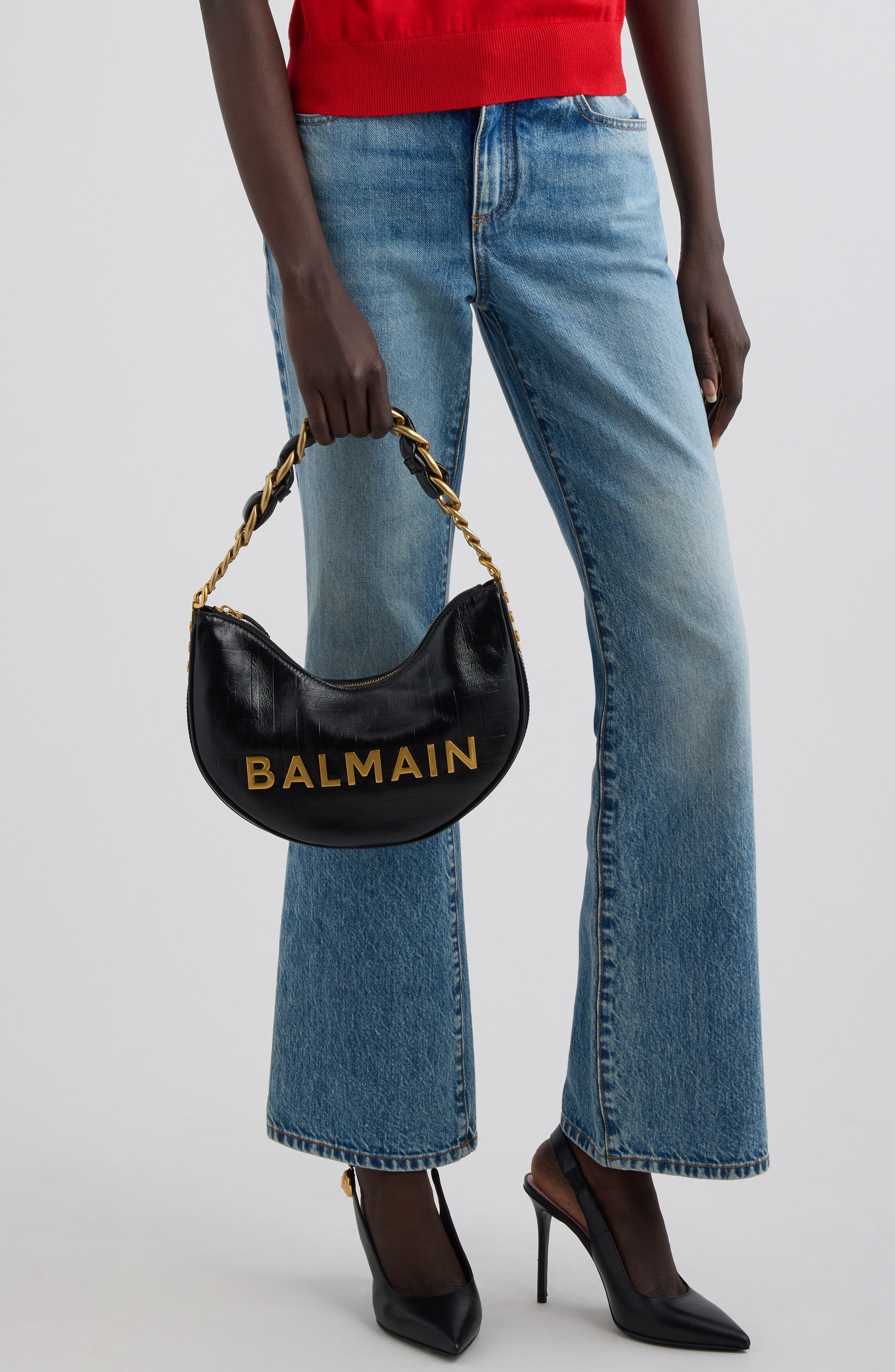 Balmain 1945 Soft Moon Logo Embossed Leather Hobo Bag in 0Pa Black at Nordstrom - 6