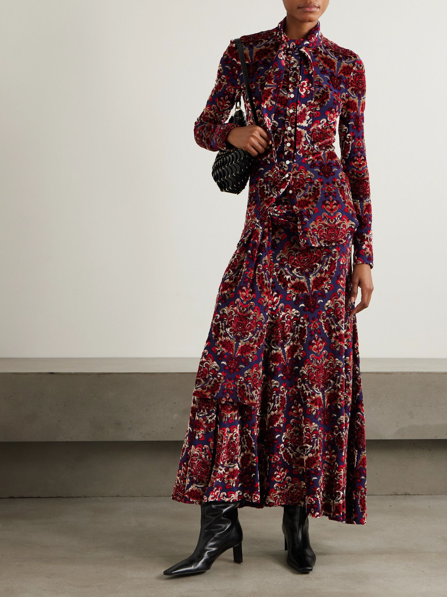 Tie-detailed devoré-velvet blouse Red - 2