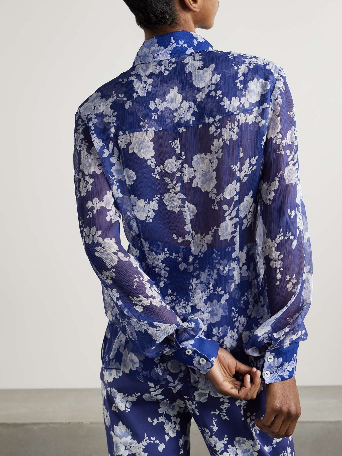 Floral-print silk-crepon shirt Blue - 4