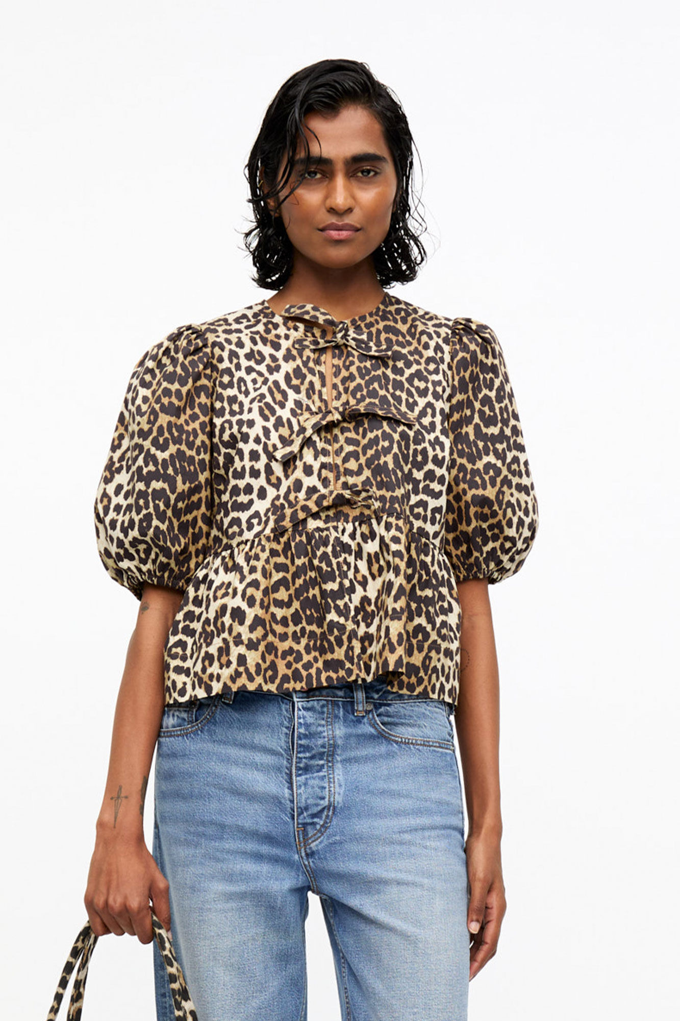 LEOPARD COTTON POPLIN PEPLUM TIE BLOUSE - 2