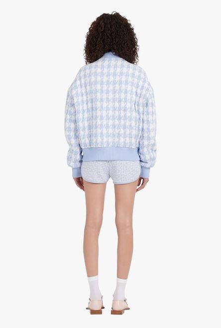 White and pale blue houndstooth-patterned tweed bomber jacket - 3