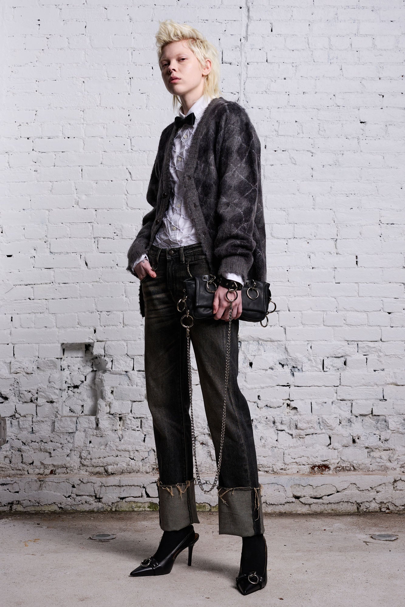 OVERSIZED DISTRESSED EDGE CARDIGAN - CHARCOAL/BLACK ARGYLE - 3
