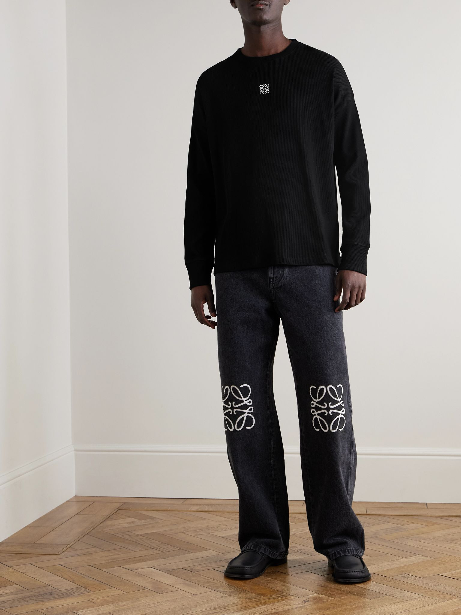 Oversized Logo-Embroidered Ribbed Cotton T-Shirt Black - 2