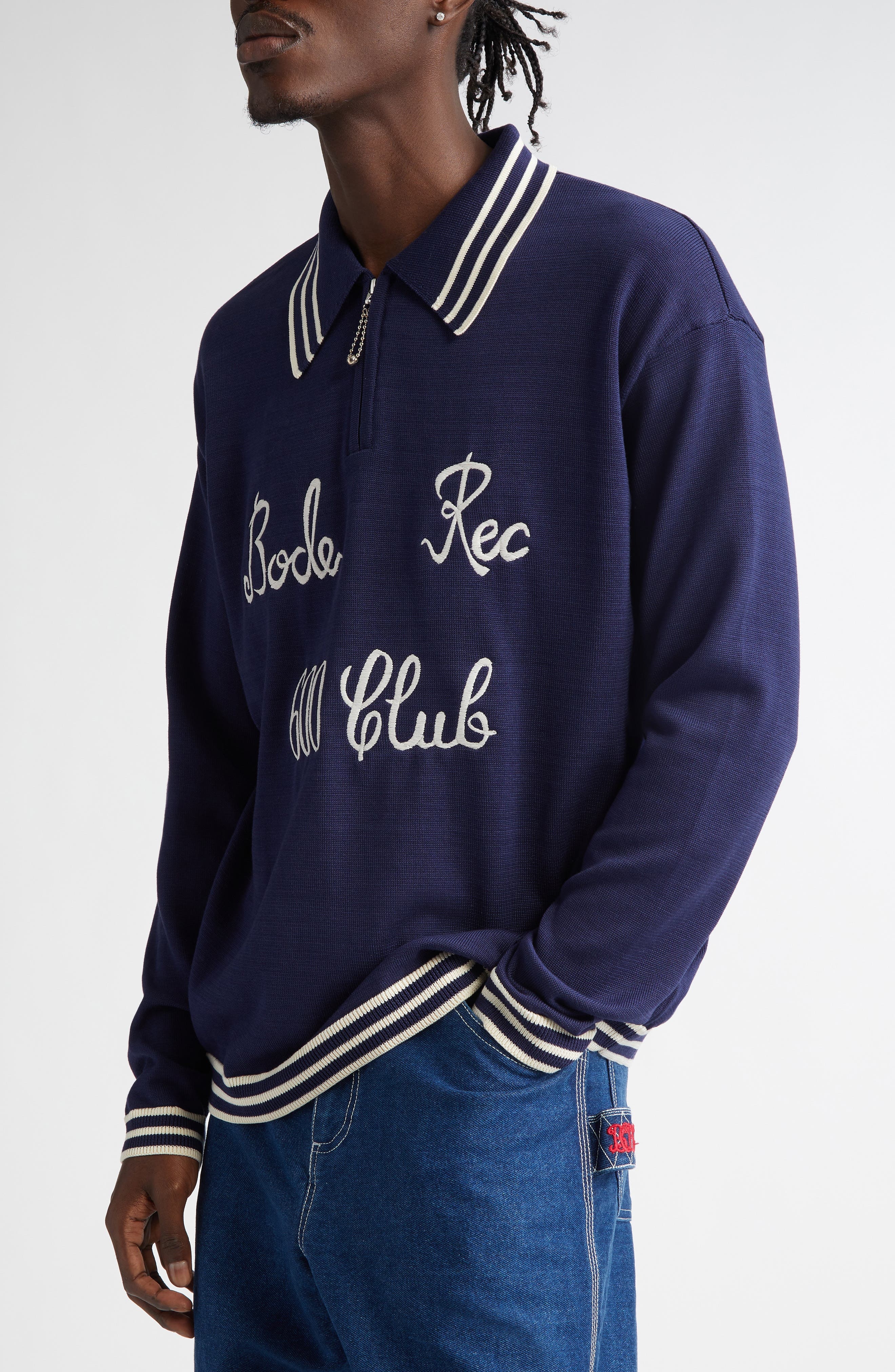Bode Club Tipped Embroidered Polo Sweater in Navy at Nordstrom - 4