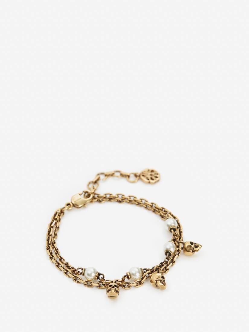 Women's Pearl Skull Chain Bracelet in Antique Gold - 2