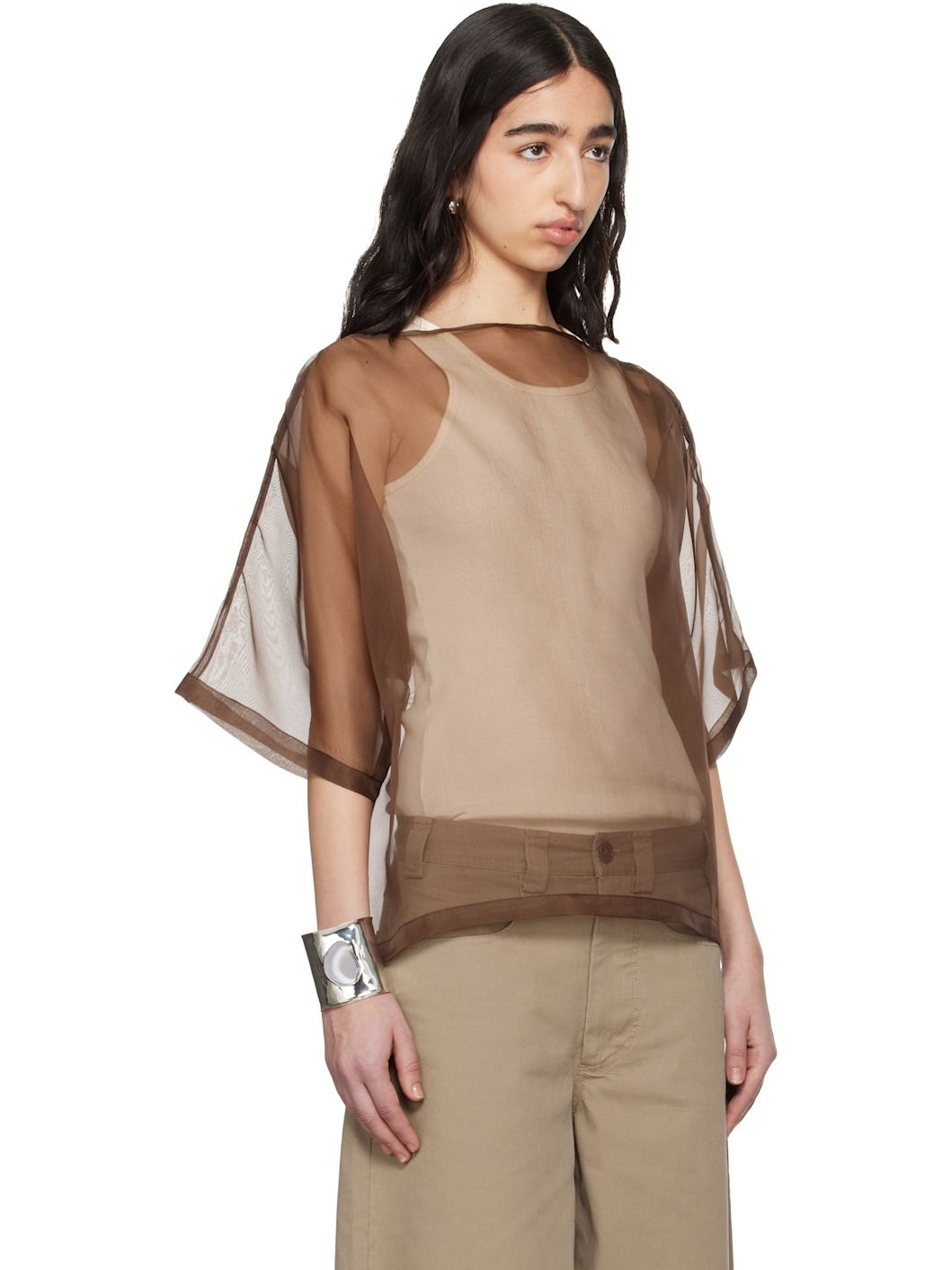 Brown Nat See-Through Silk T-shirt - 2