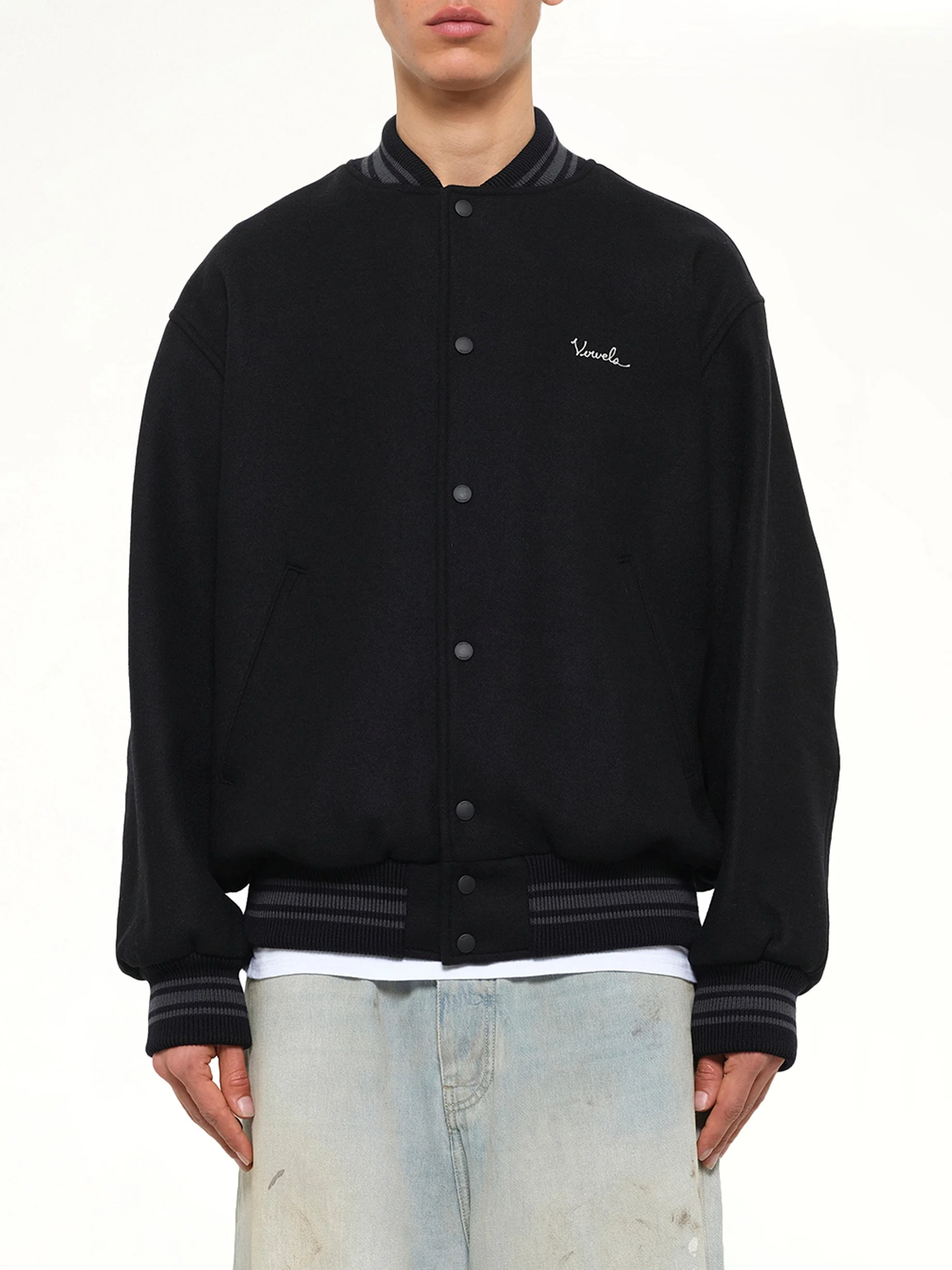 Wool Varsity Jacket in Black - 1
