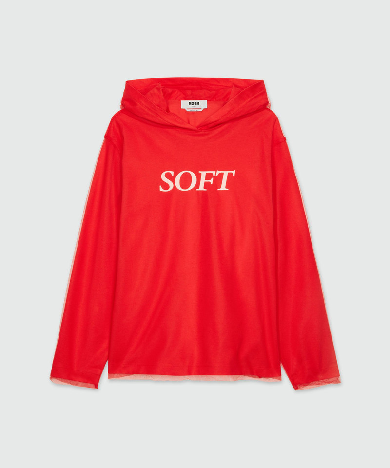 Red hooded sweatshirt in tulle and cotton with "SOFT" print 1