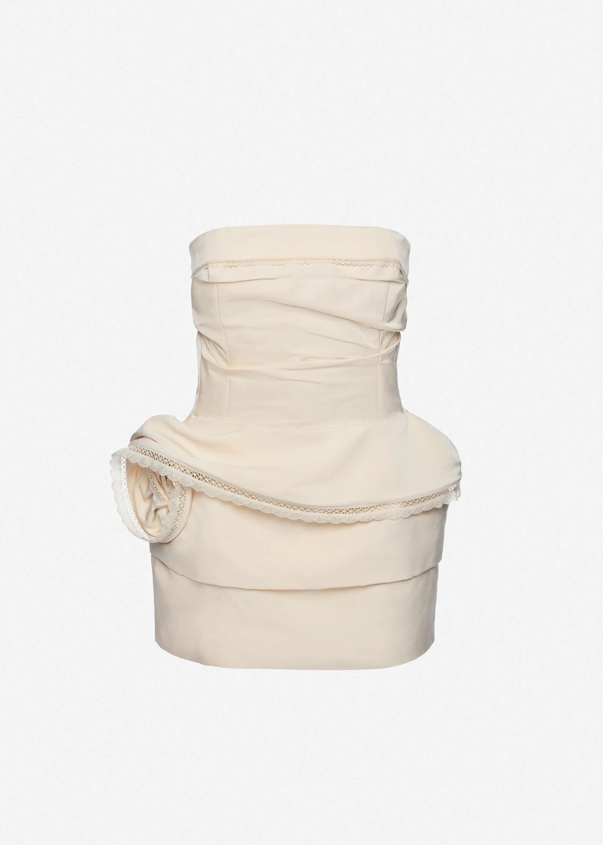 Strapless mini dress with lace-trimmed peplum in cream - 1