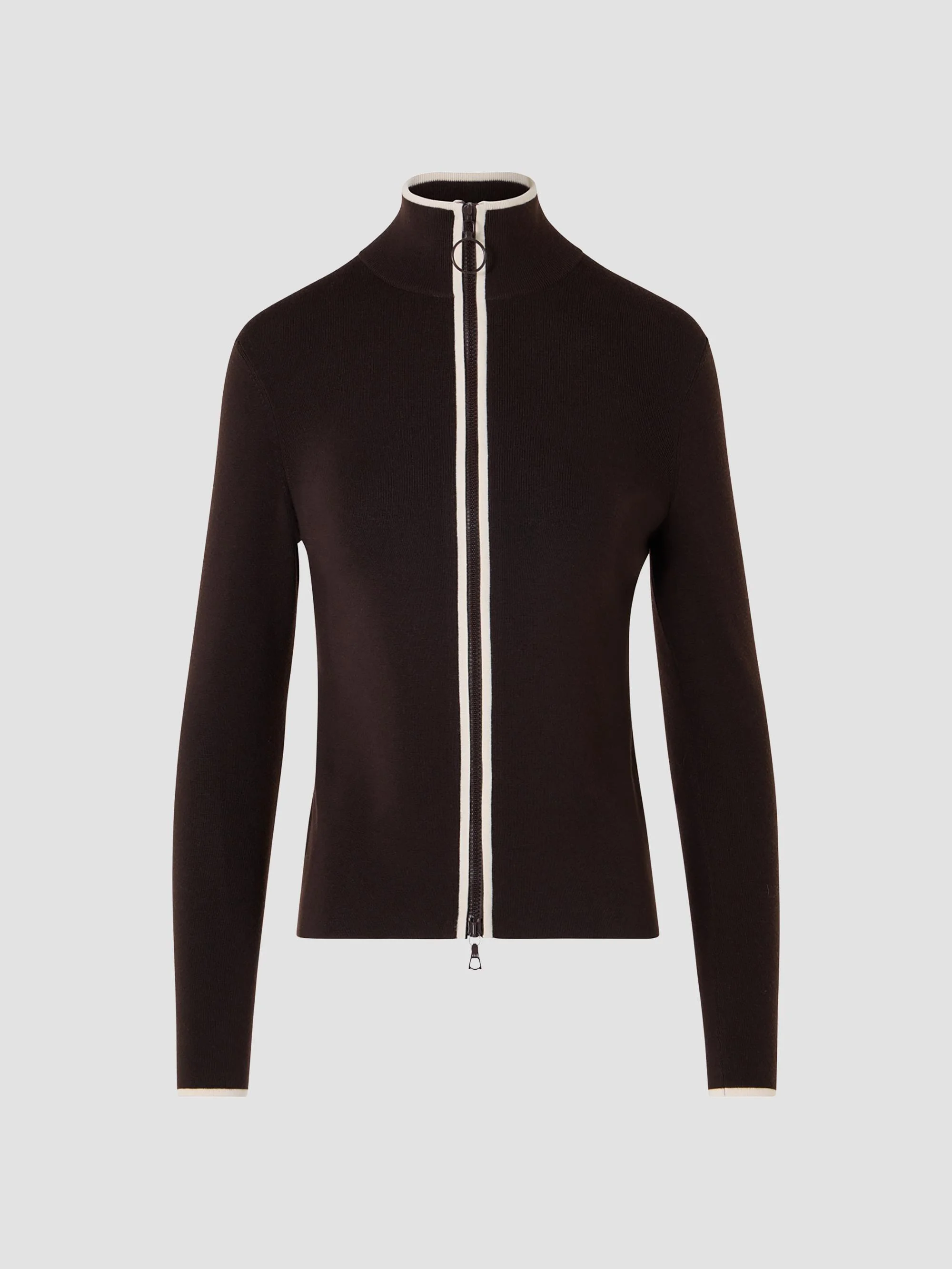 Women's Merino Wool Knit Zip Cardigan - Espresso Cream - 1