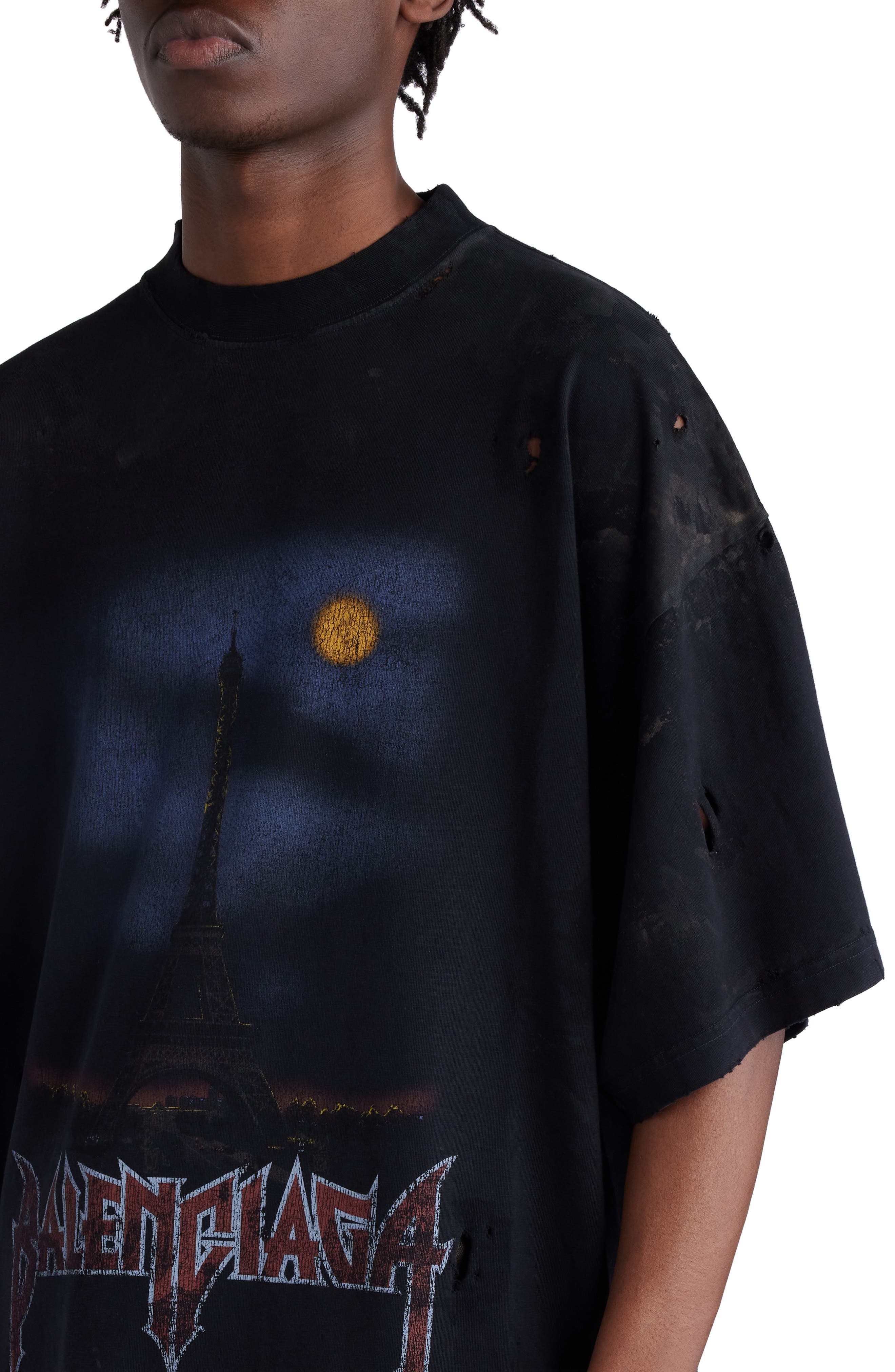 Paris Moon Oversize Distressed Cotton Graphic T-Shirt - 3