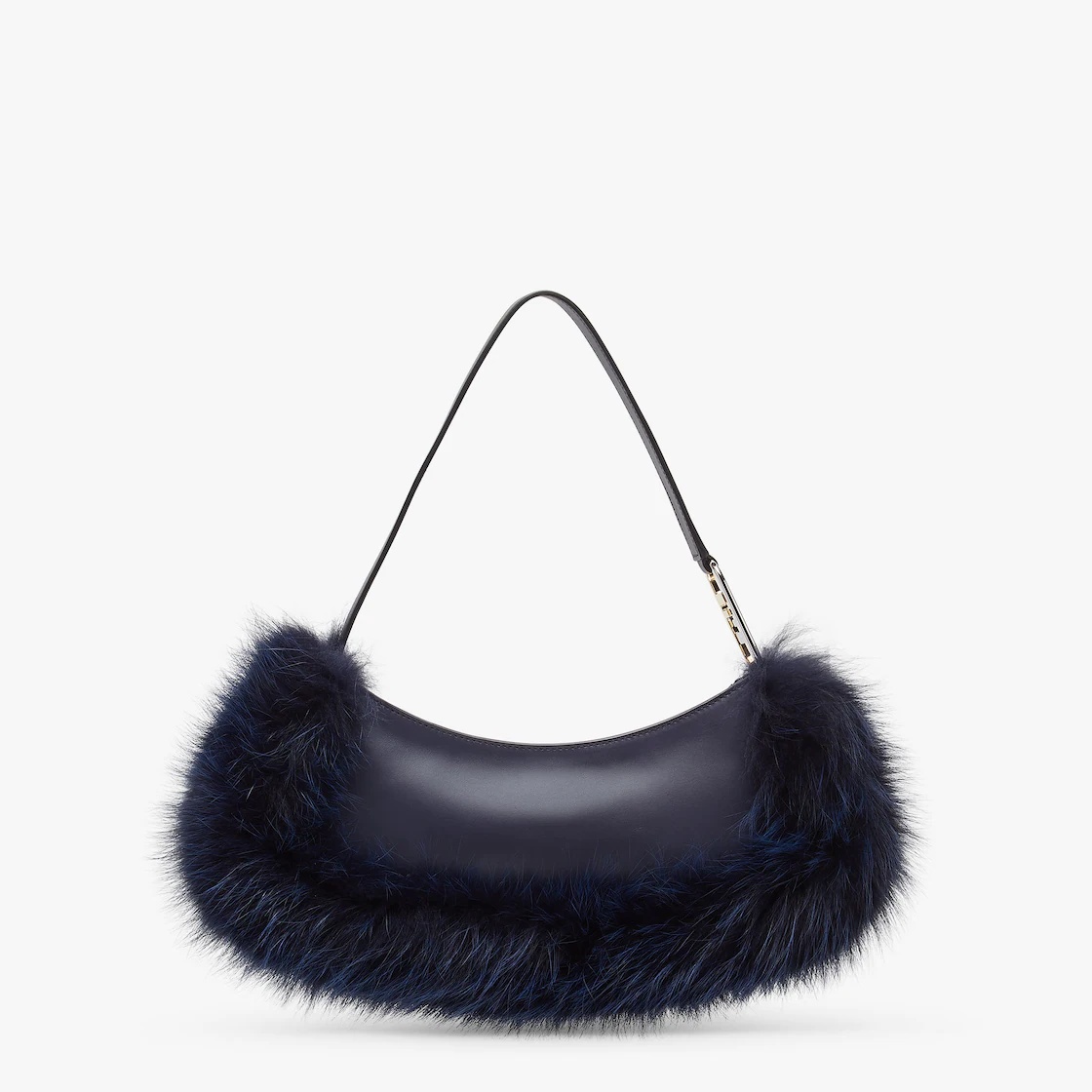Pouch made of dark blue leather, embellished with tone on tone fox fur and decorated with Fendi Roma - 3