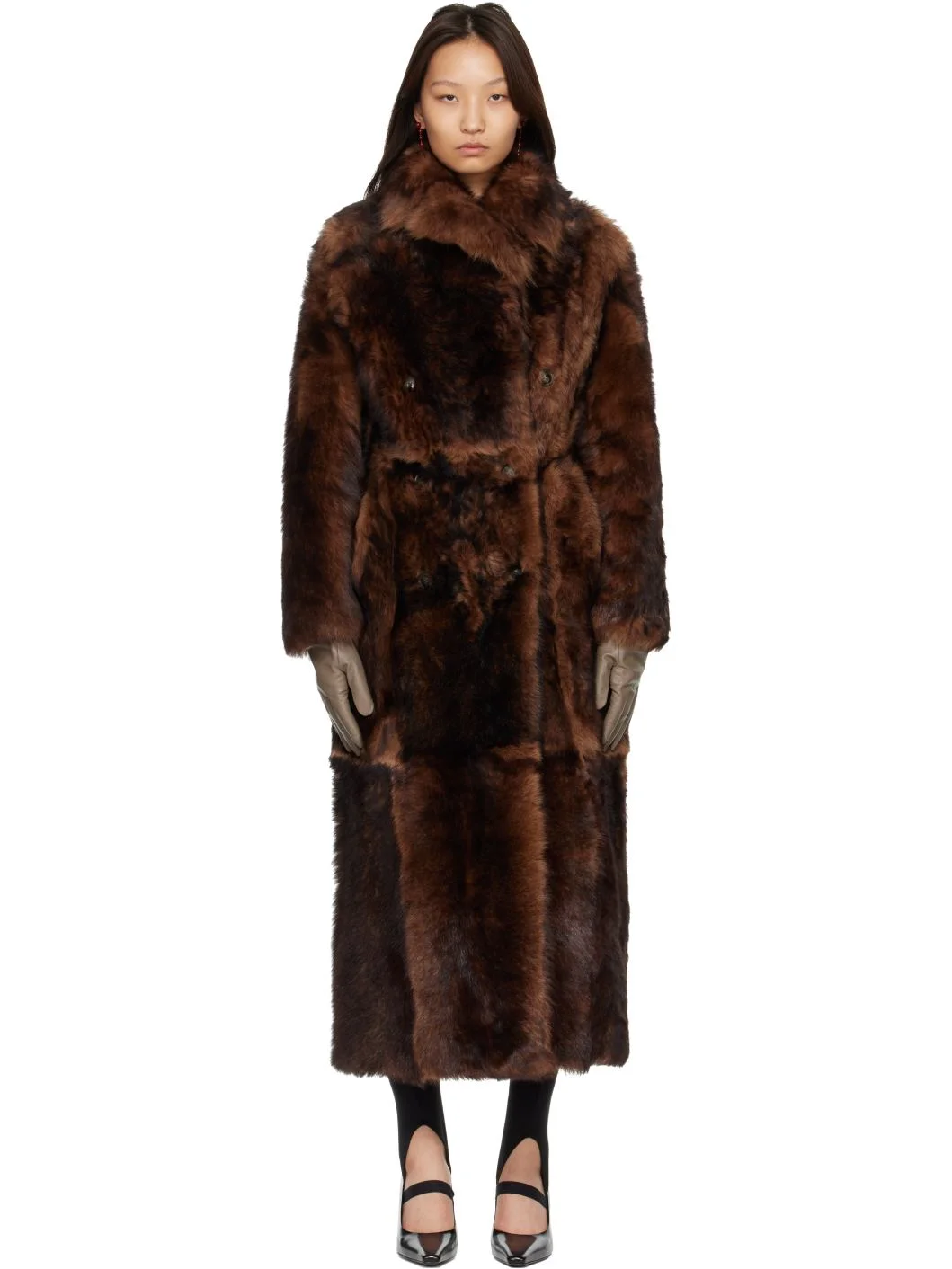 Brown Long Fur-Effect Lamb Shearling Coat - 1