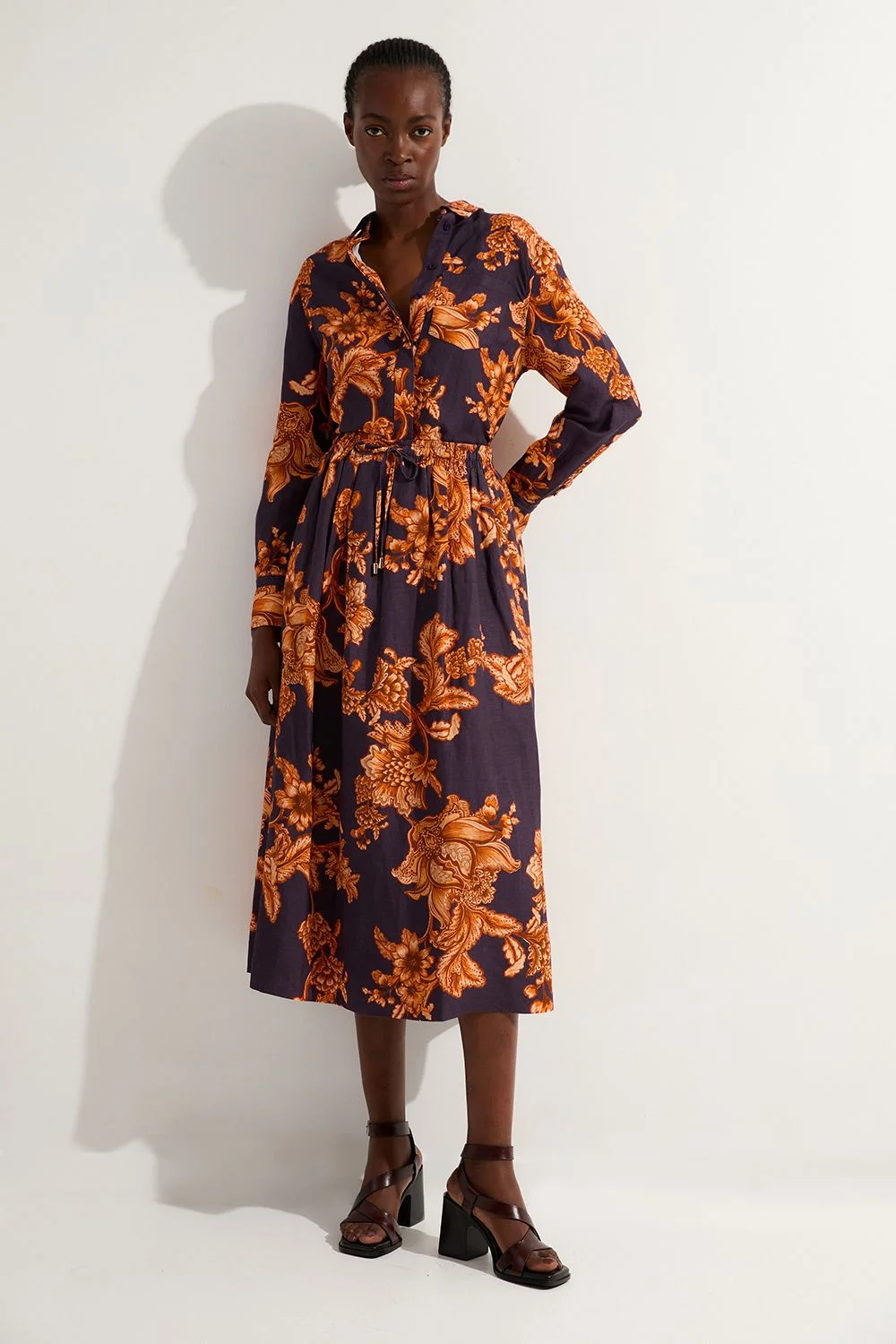 Viscose Linen Tie Waist Woven Full Midi Skirt - 1