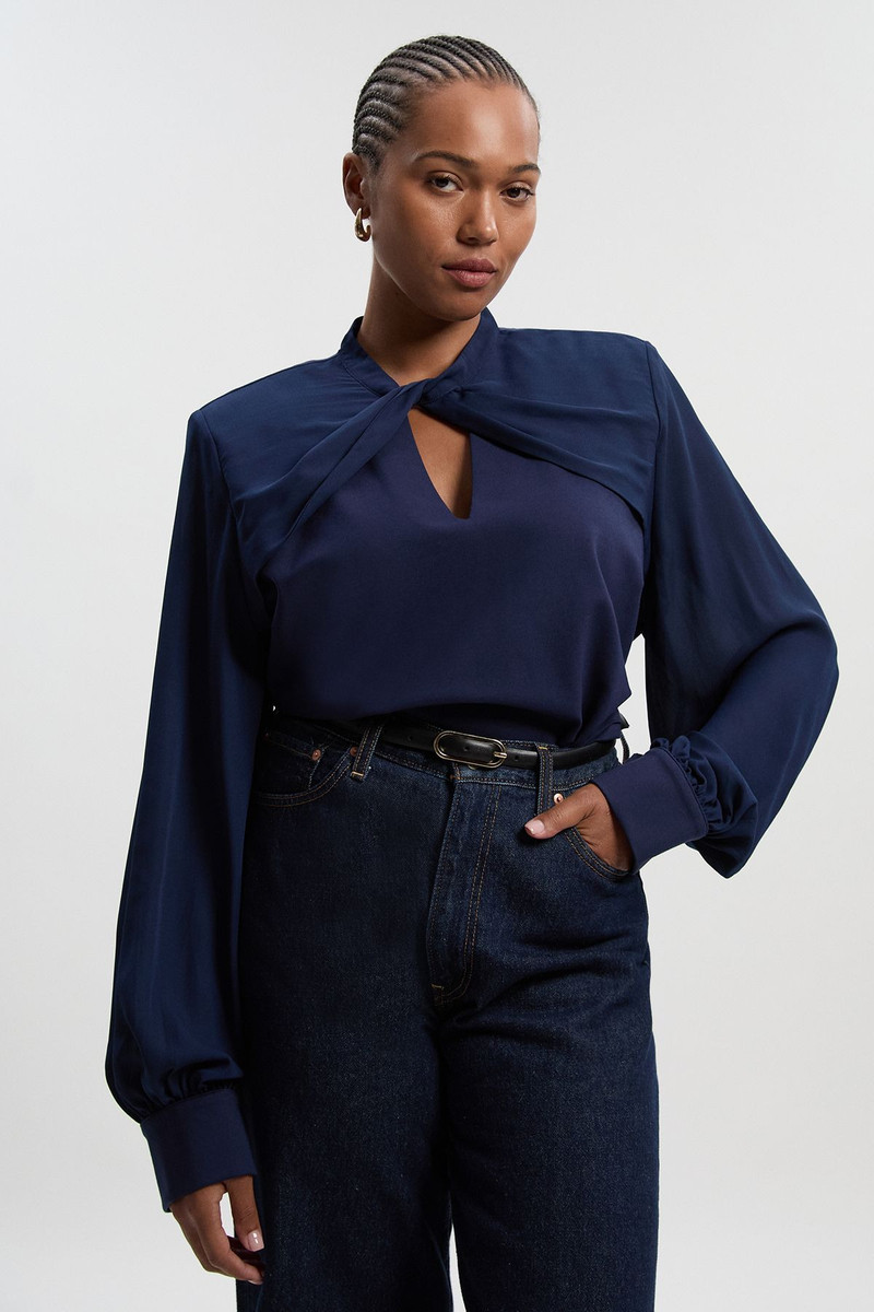 Plus Size Ponte And Georgette Mix Balloon Sleeve Cut Out Detail Top 1