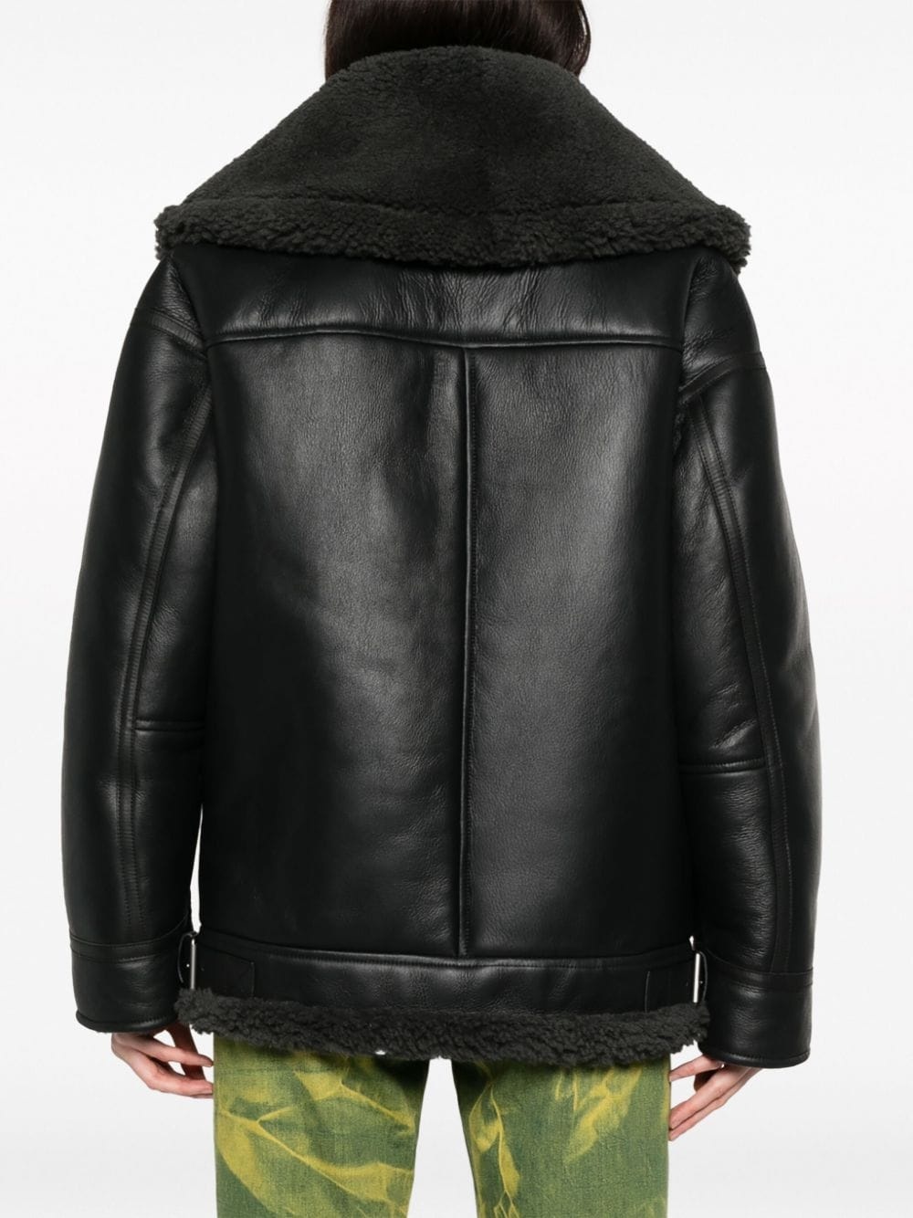 shearling-lined leather biker jacket - 4