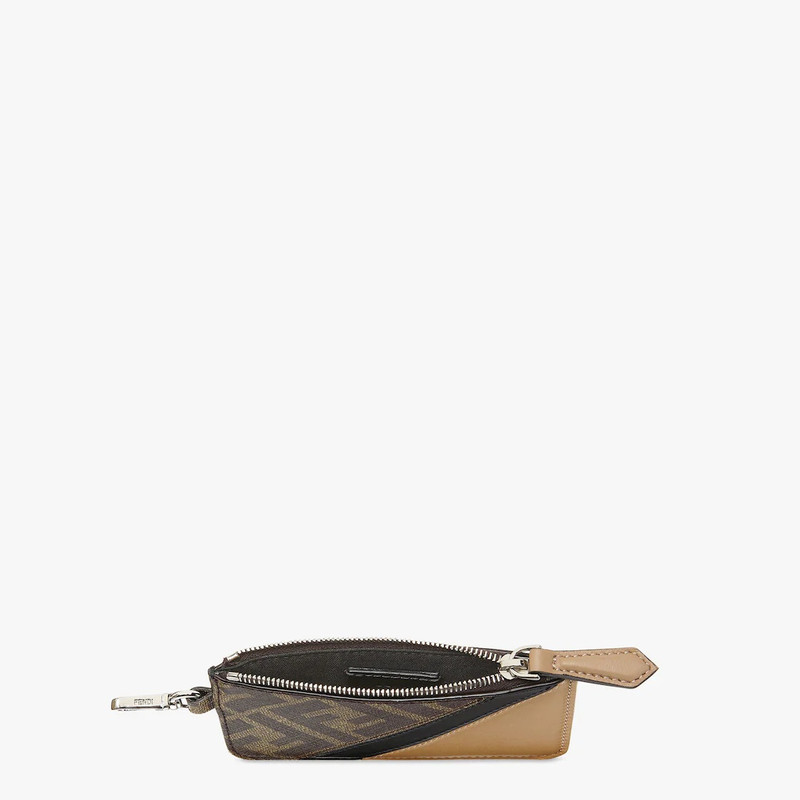 FENDI Card holder with clip and purse. Made of textured fabric with FF motif in brown and tobacco. Embelli outlook