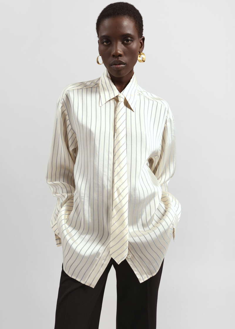 Lene Striped Silk Tie - Cream/Navy Stripe 4