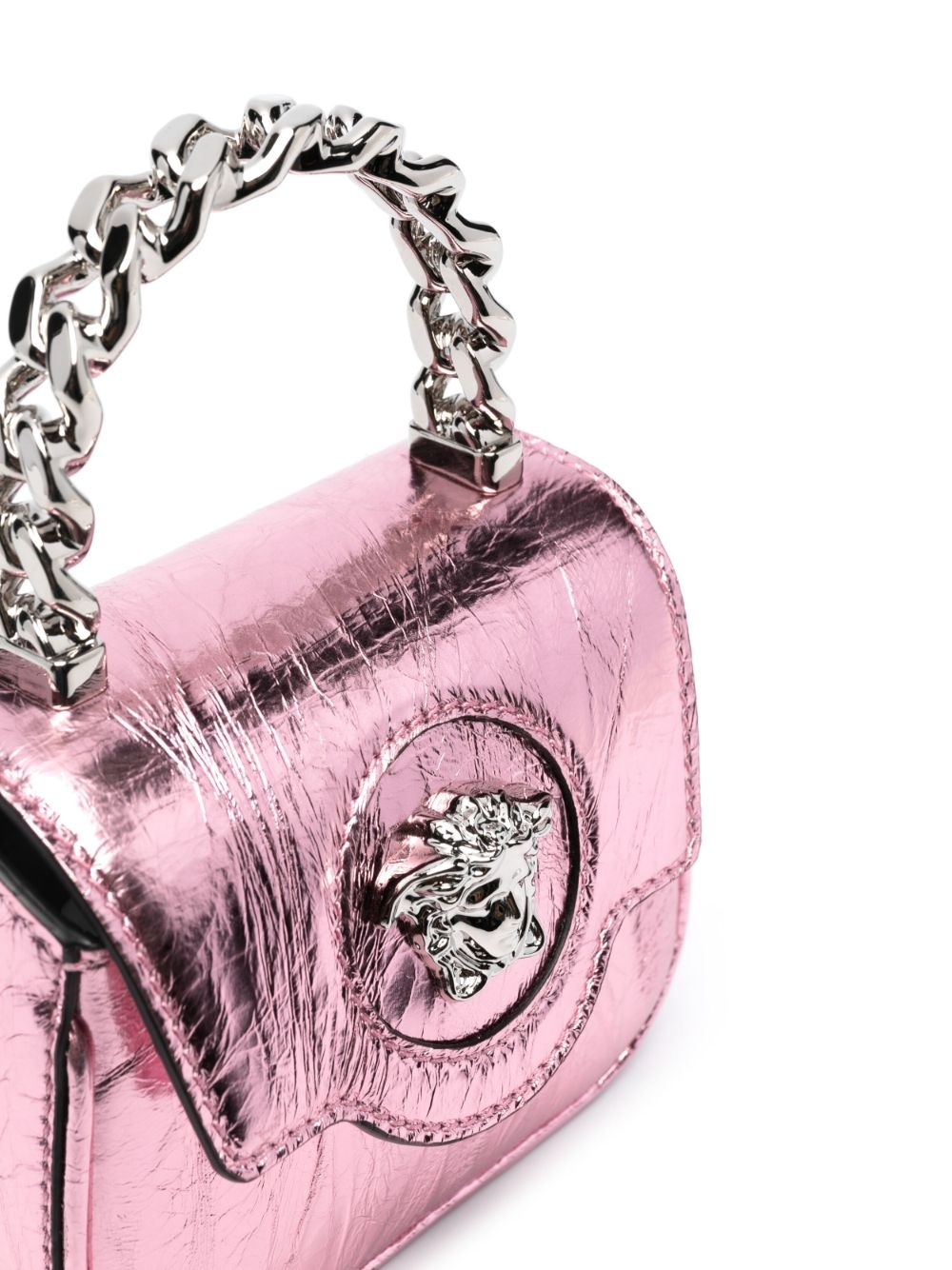 Shop Versace La Vacanza Micro Medusa Metallic Leather Top-Handle Bag