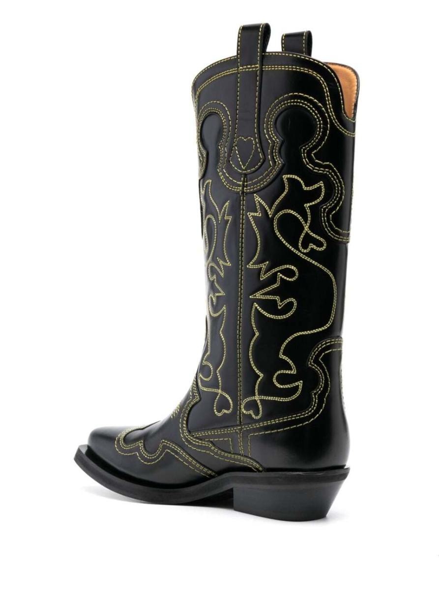 GANNI BLACK 'COWBOY' BOOTS WITH CONTRASTING EMBROIDERED STITCHING IN LEATHER WOMAN - 3