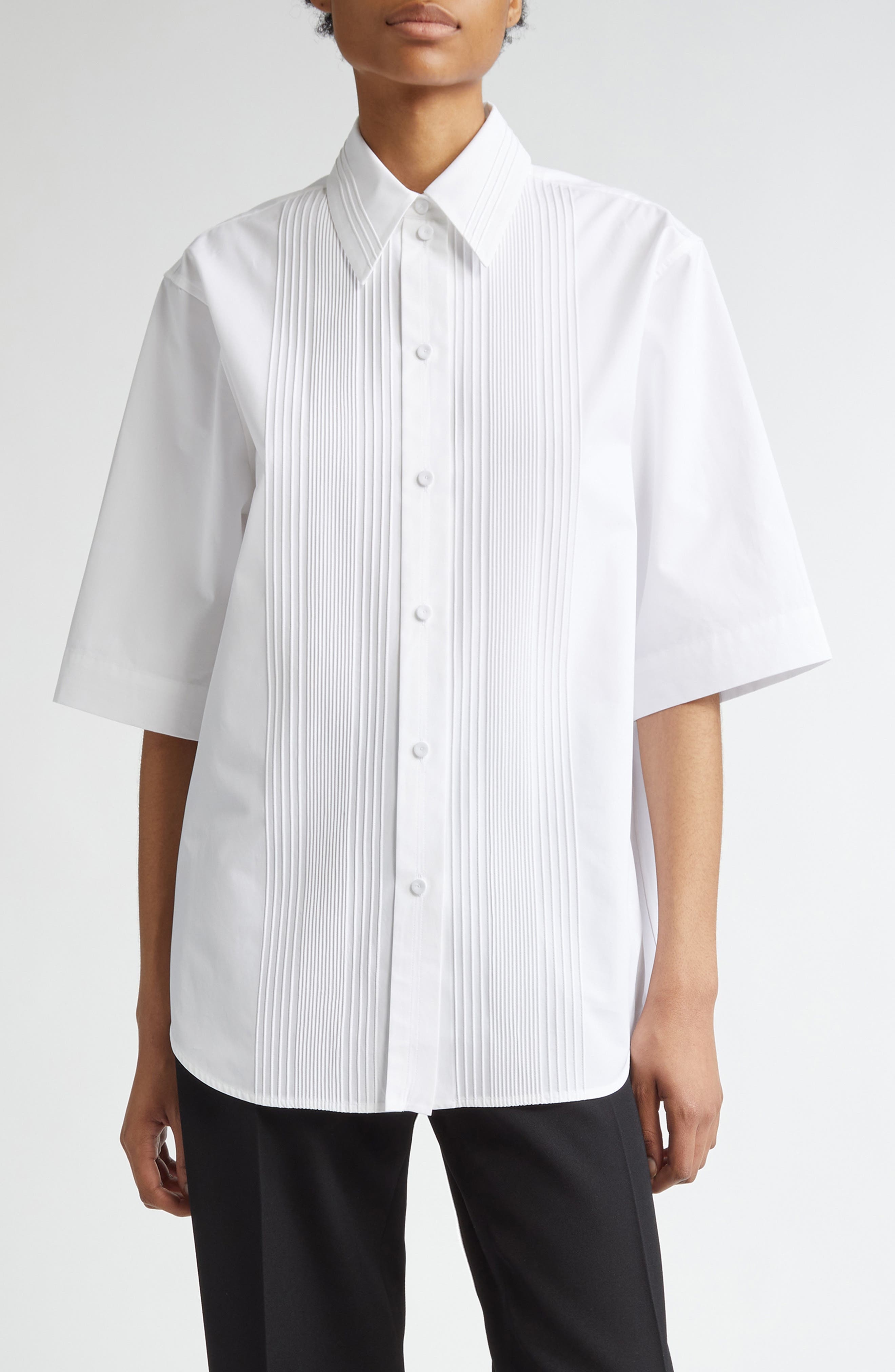 Jil Sander Pintuck Short Sleeve Cotton Button-Up Shirt in Optic White at Nordstrom - 1