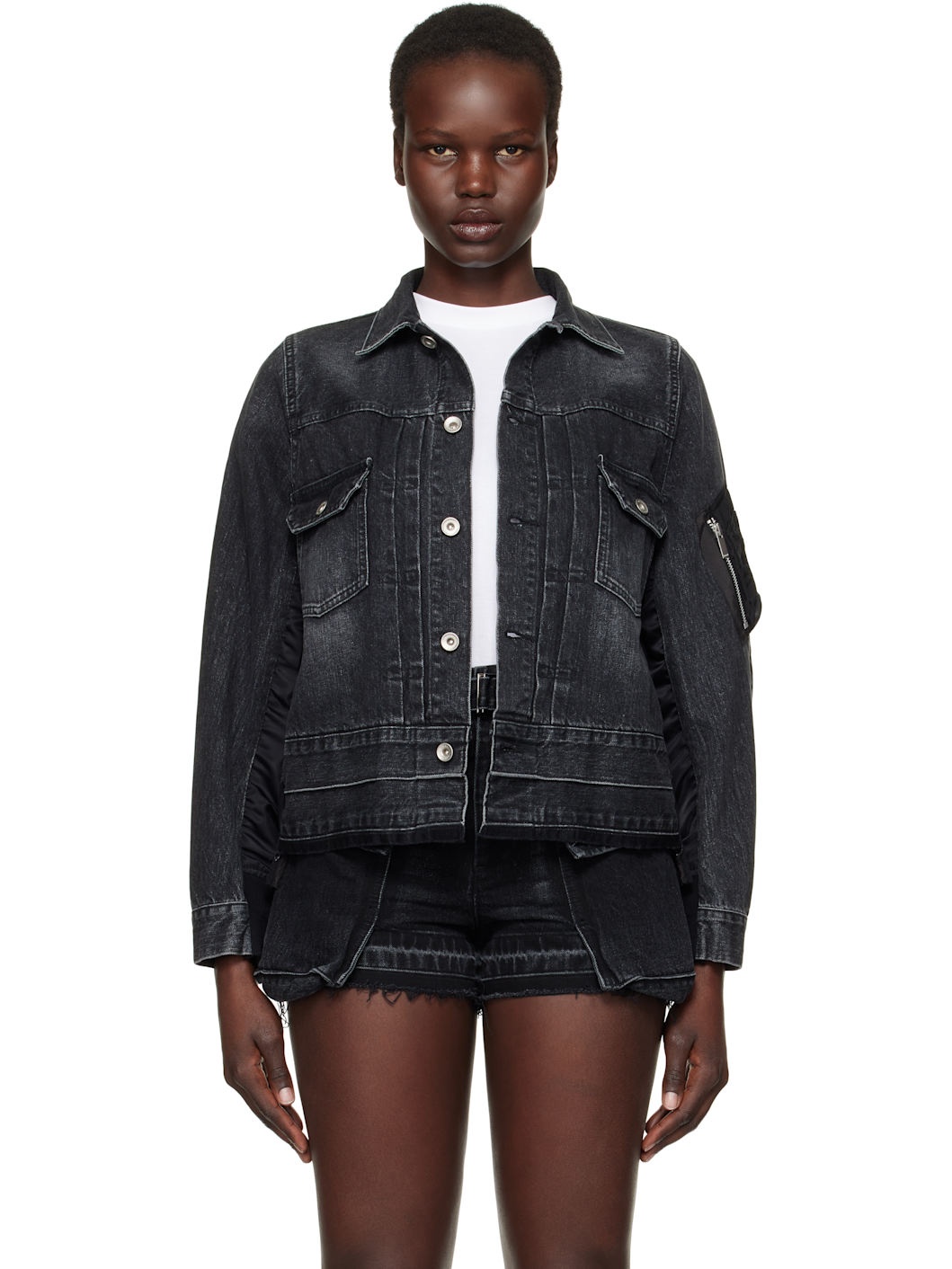 Black Nylon Twill Denim Jacket - 1