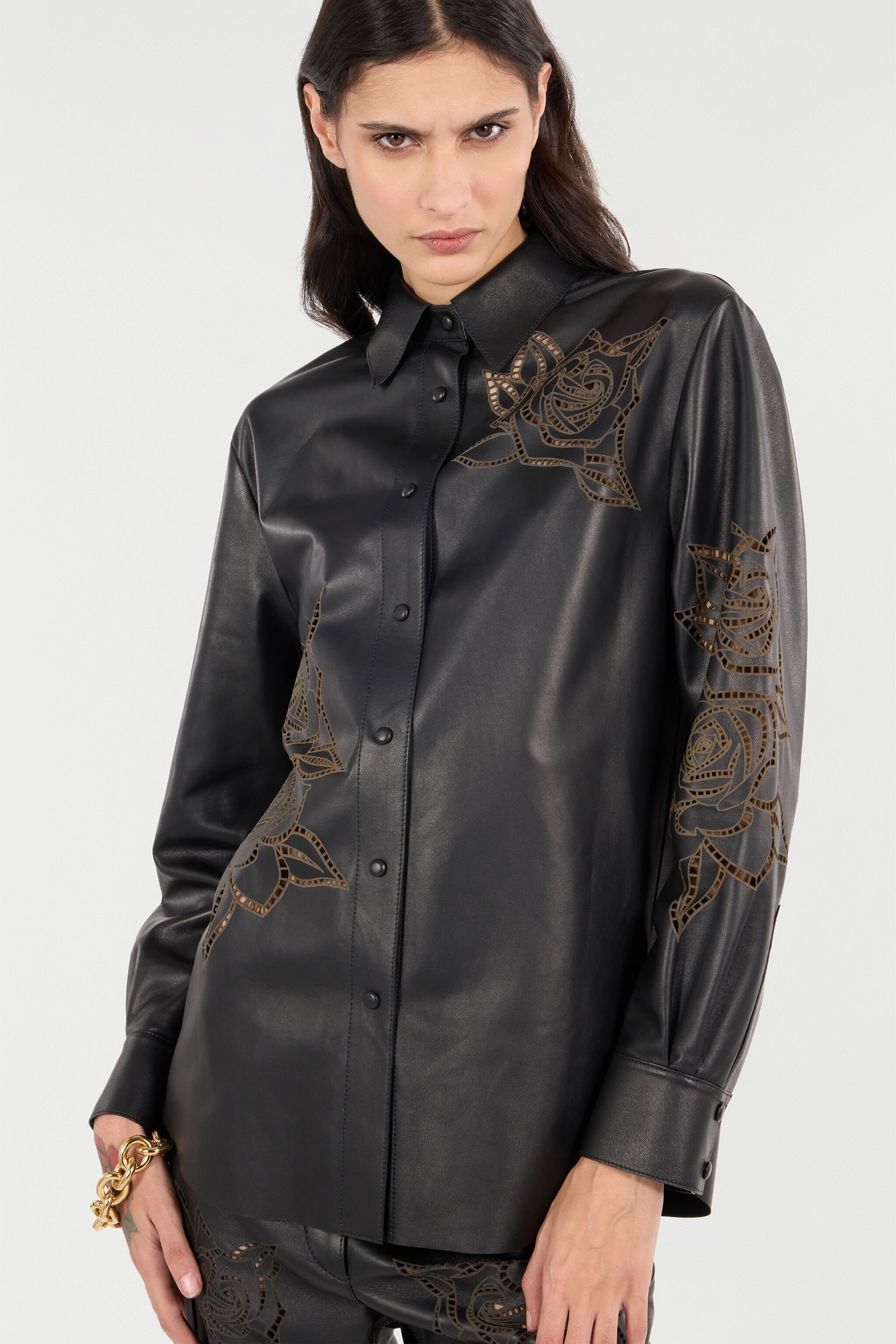 Leather Shirt With Perforated Roses - 6