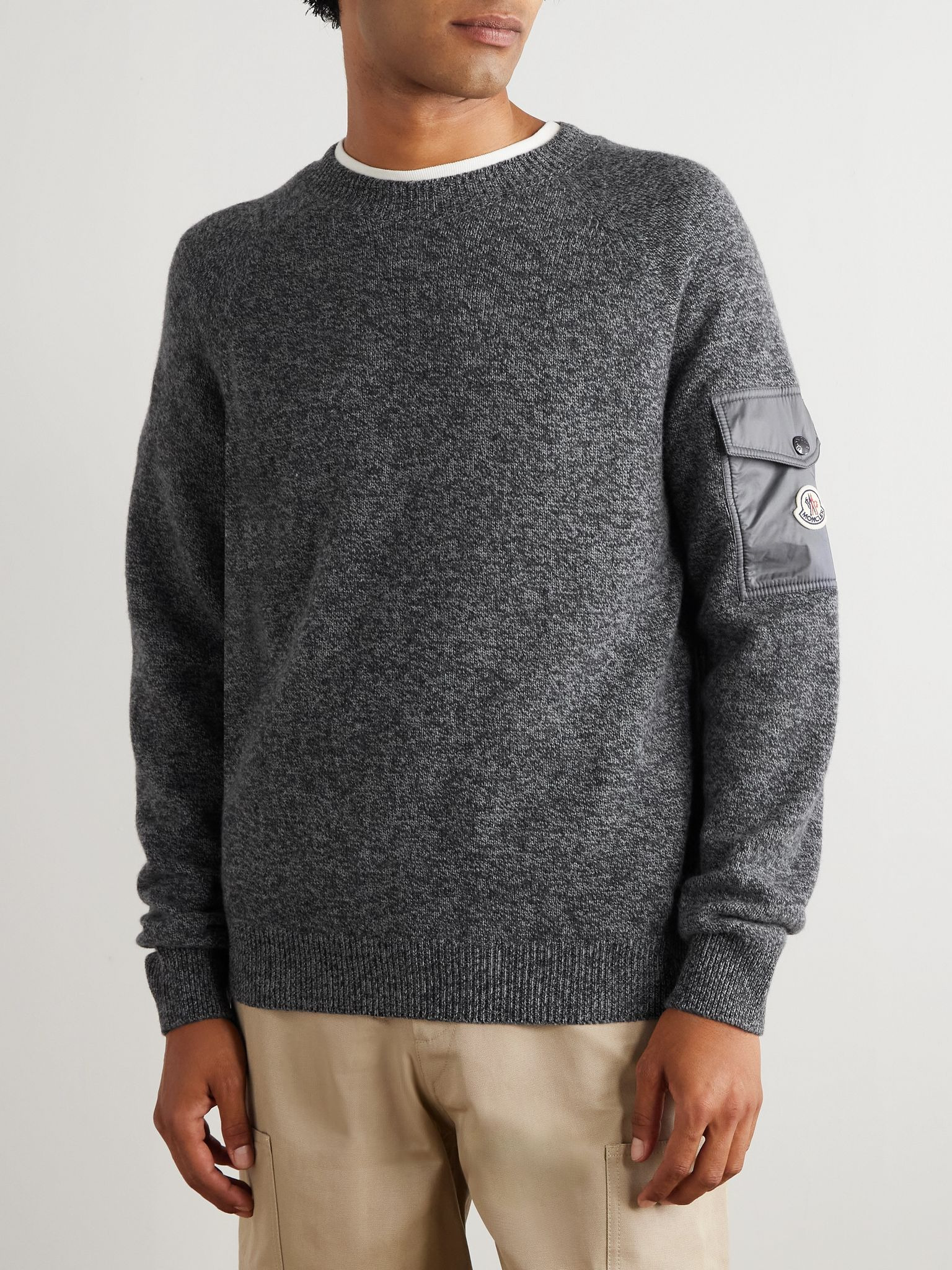 Logo-Appliquéd Shell-Trimmed Wool and Cashmere-Blend Sweater Gray - 3