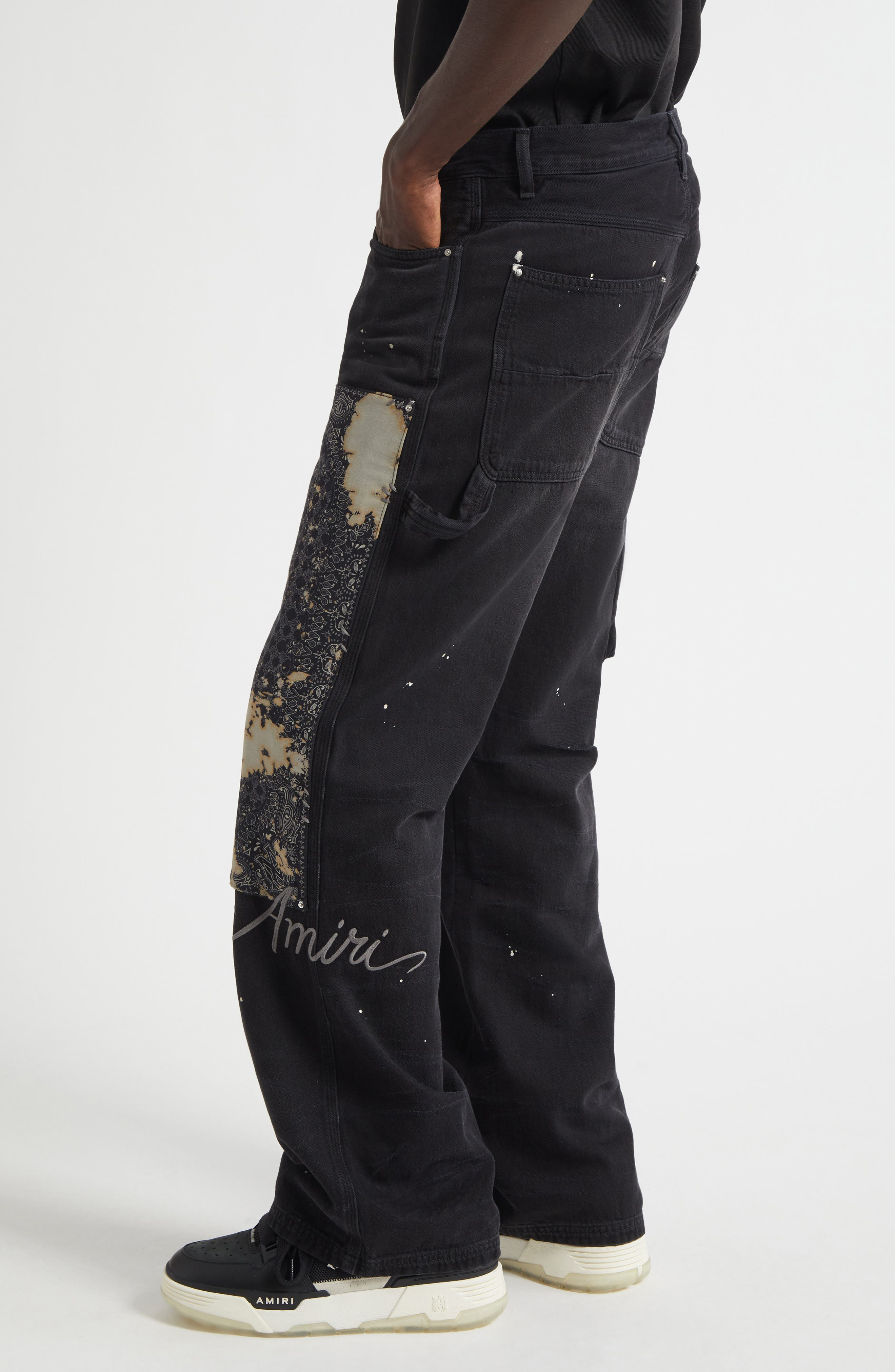 AMIRI Bleach Splatter Bandana Carpenter Jeans in Faded Black at Nordstrom - 4