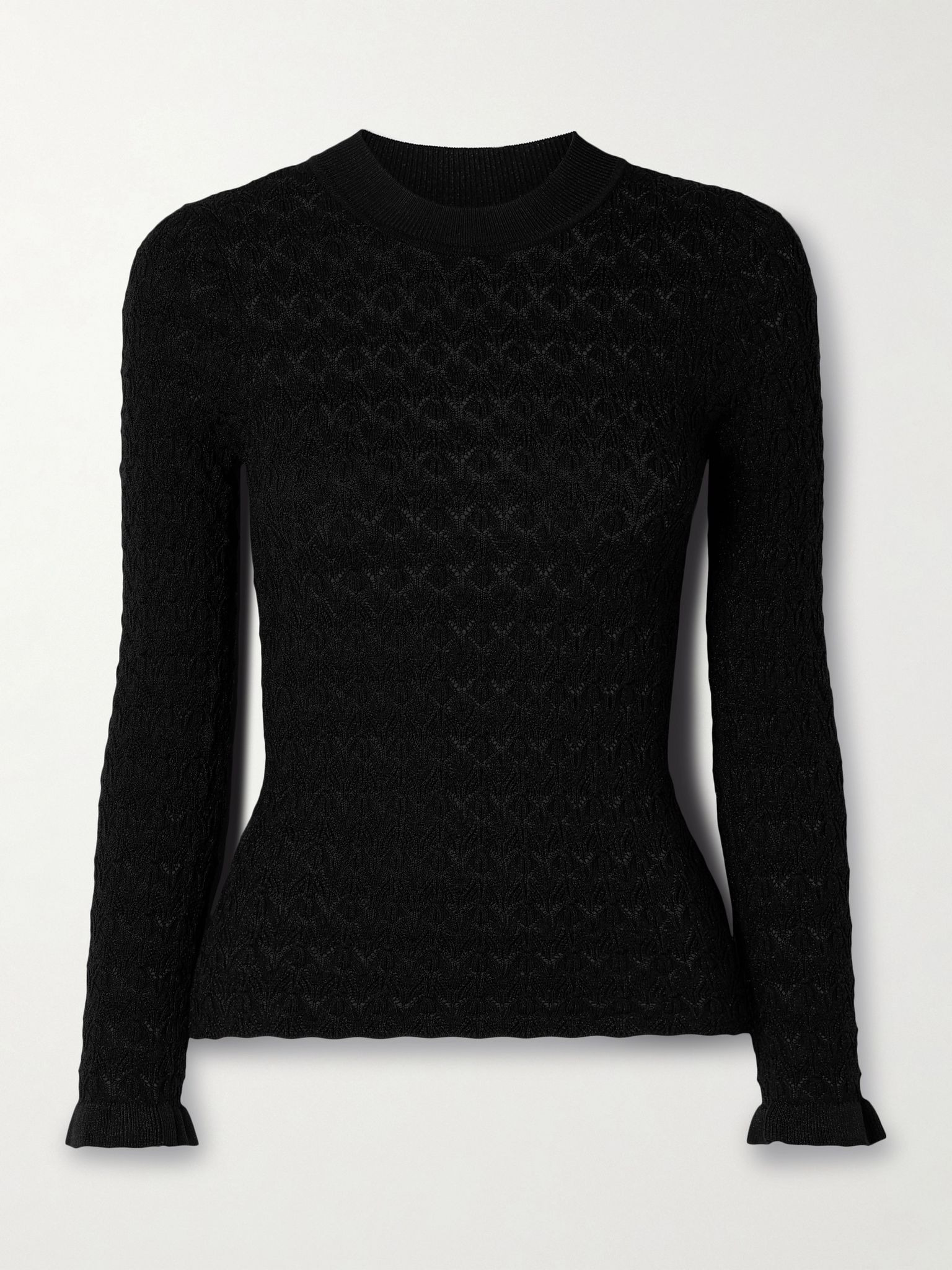 Ruby ruffled metallic pointelle-knit top Black - 1