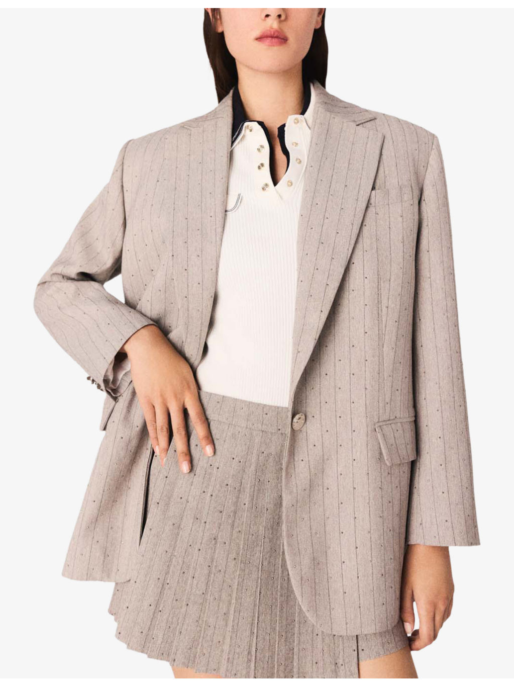 Rhinestone-Embellished Single-Breasted Stretch-Woven Blazer - 5