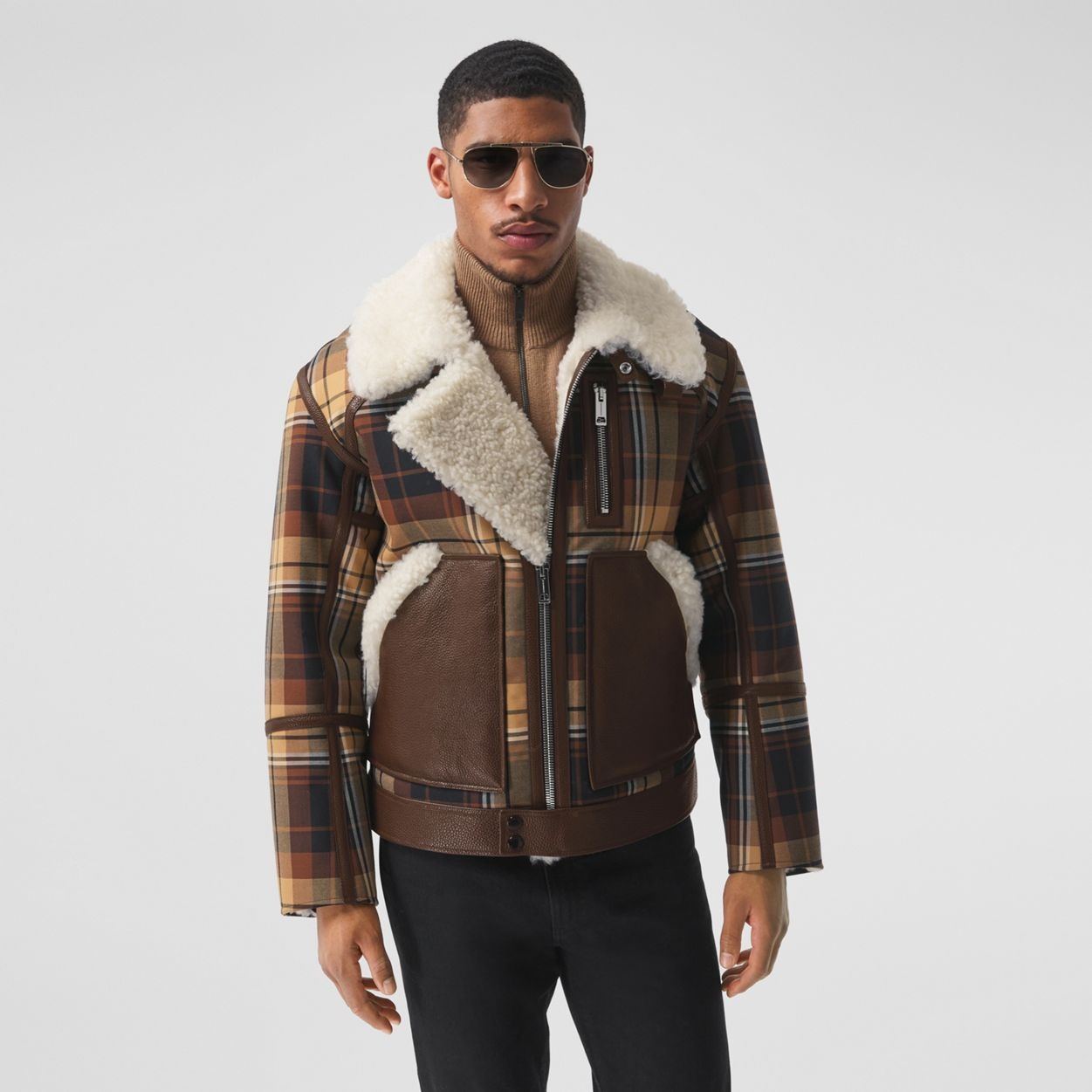 Leather Trim Check Wool and Shearling Flight Jacket - 7