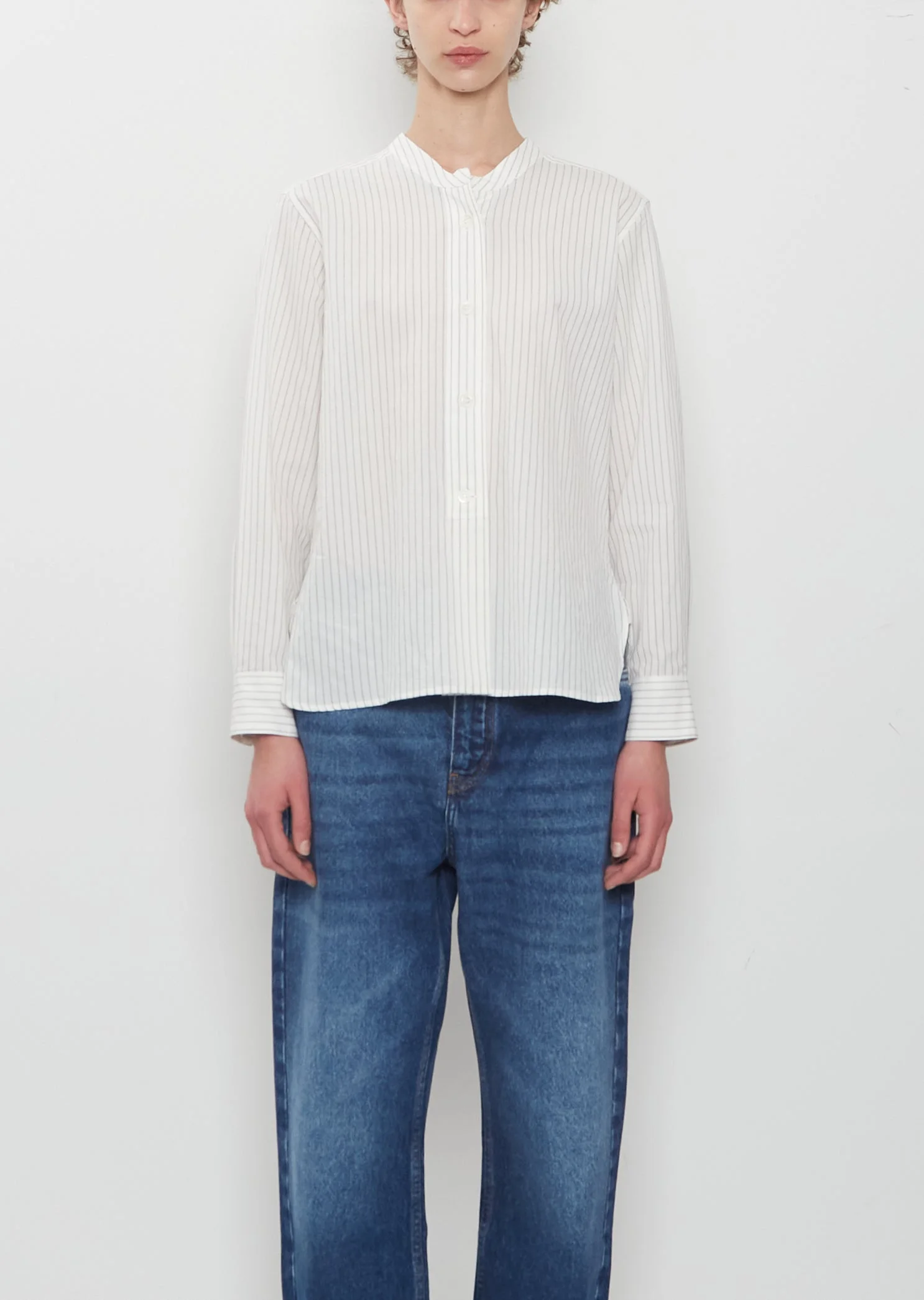 Fine Cotton Shadow Stripe Collarless Shirt - 1