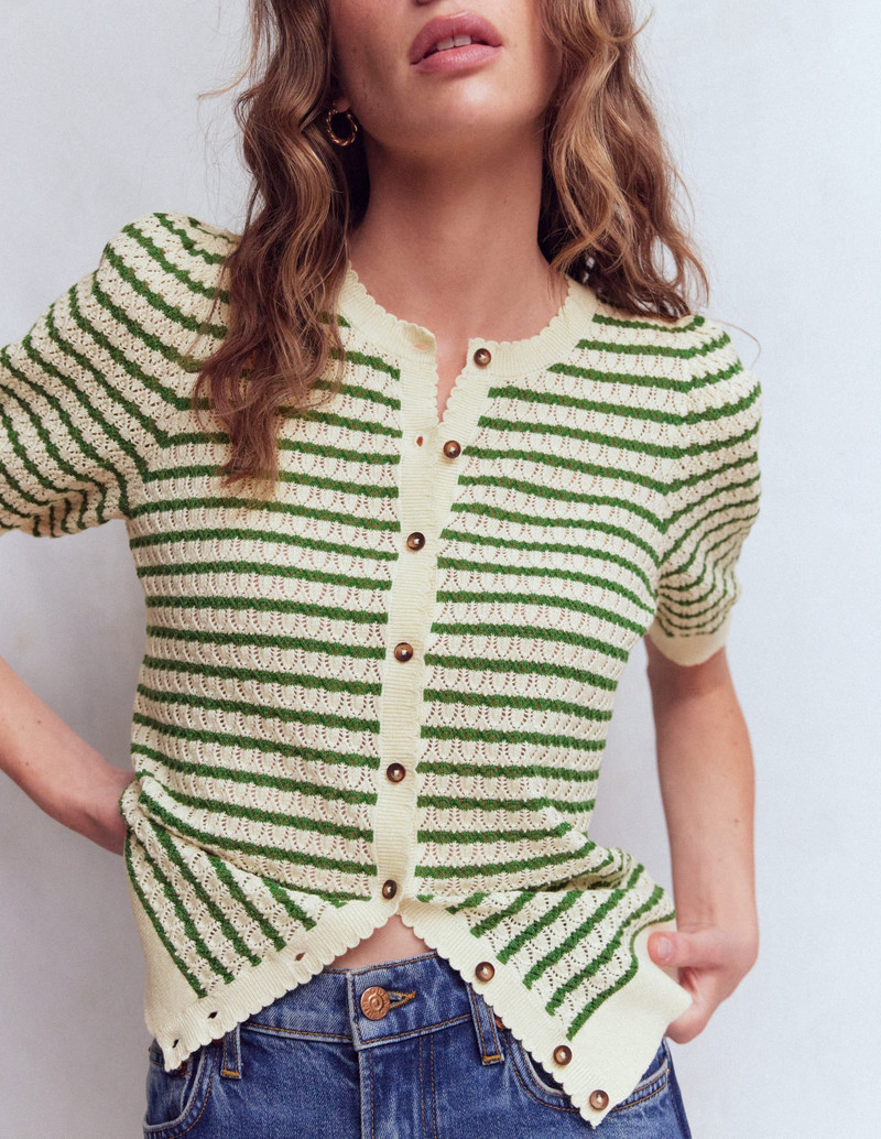 Dot Pointelle Cardigan-Green Stripe 3