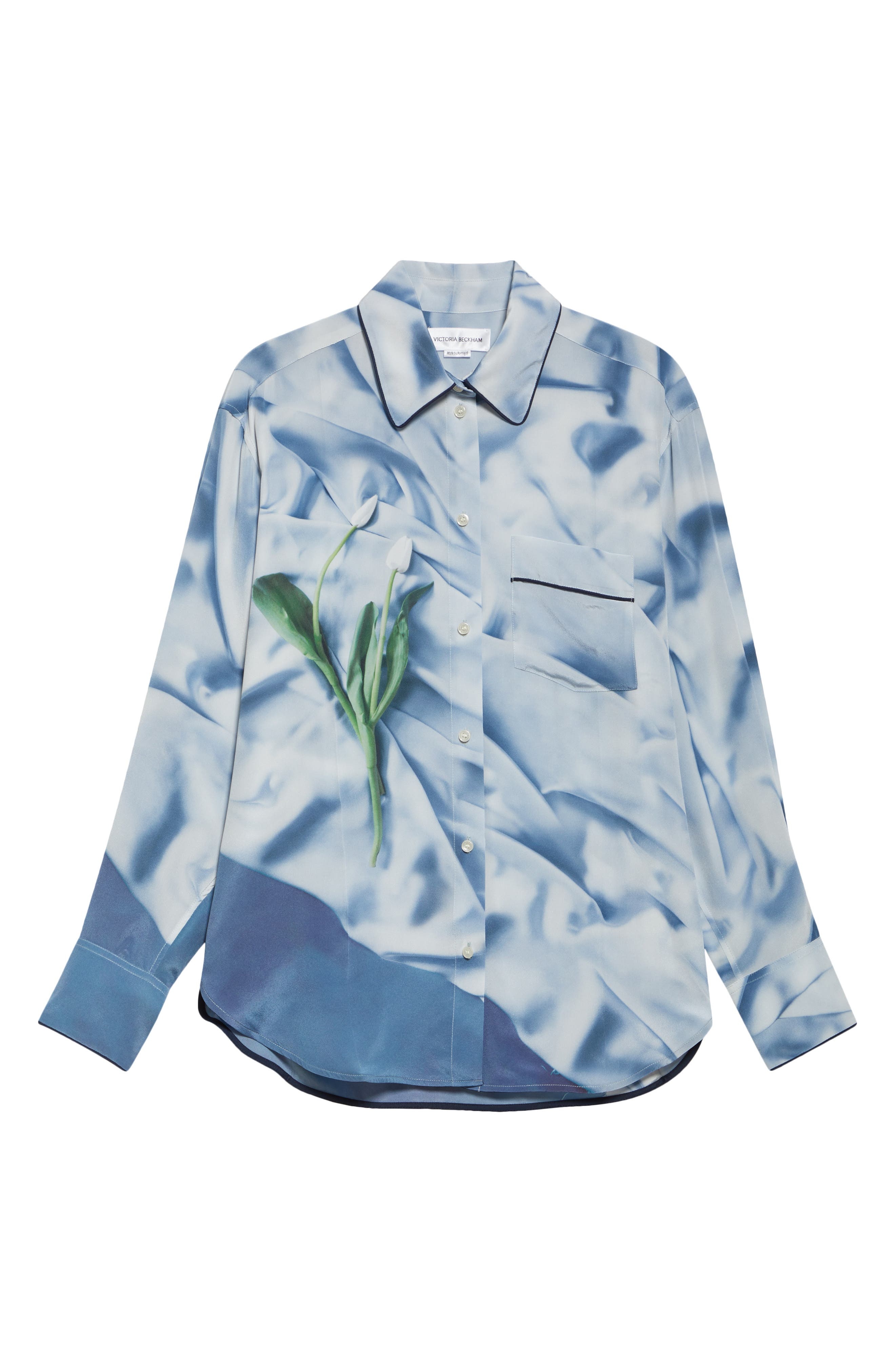 Victoria Beckham Piped Floral Silk Satin Button-Up Pajama Shirt in Satin Flowers Ice Blue at Nordstr - 6