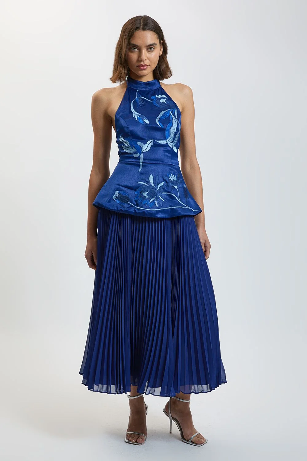 Embroidered Halterneck Pleated Midi Dress - 1