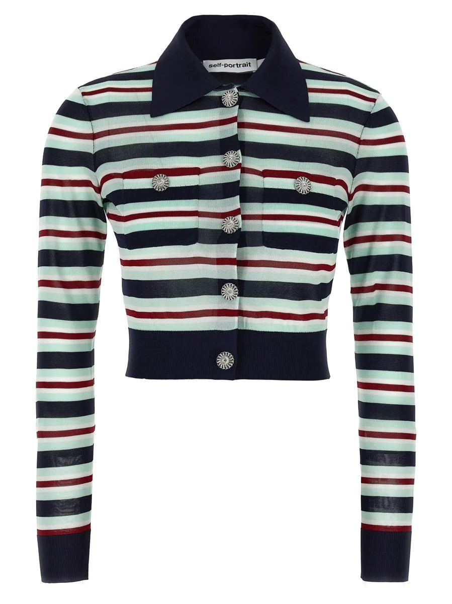 Self-Portrait 'Navy Striped Viscose Knit' Cardigan - 1