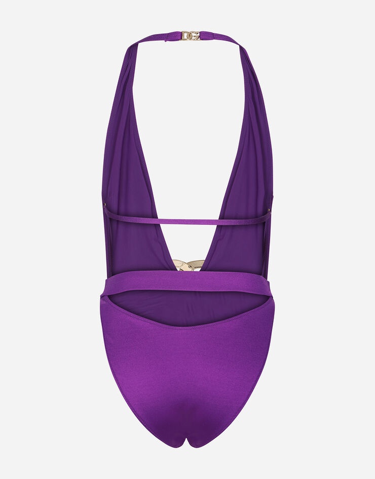 One-piece swimsuit with plunging neck and belt - 3