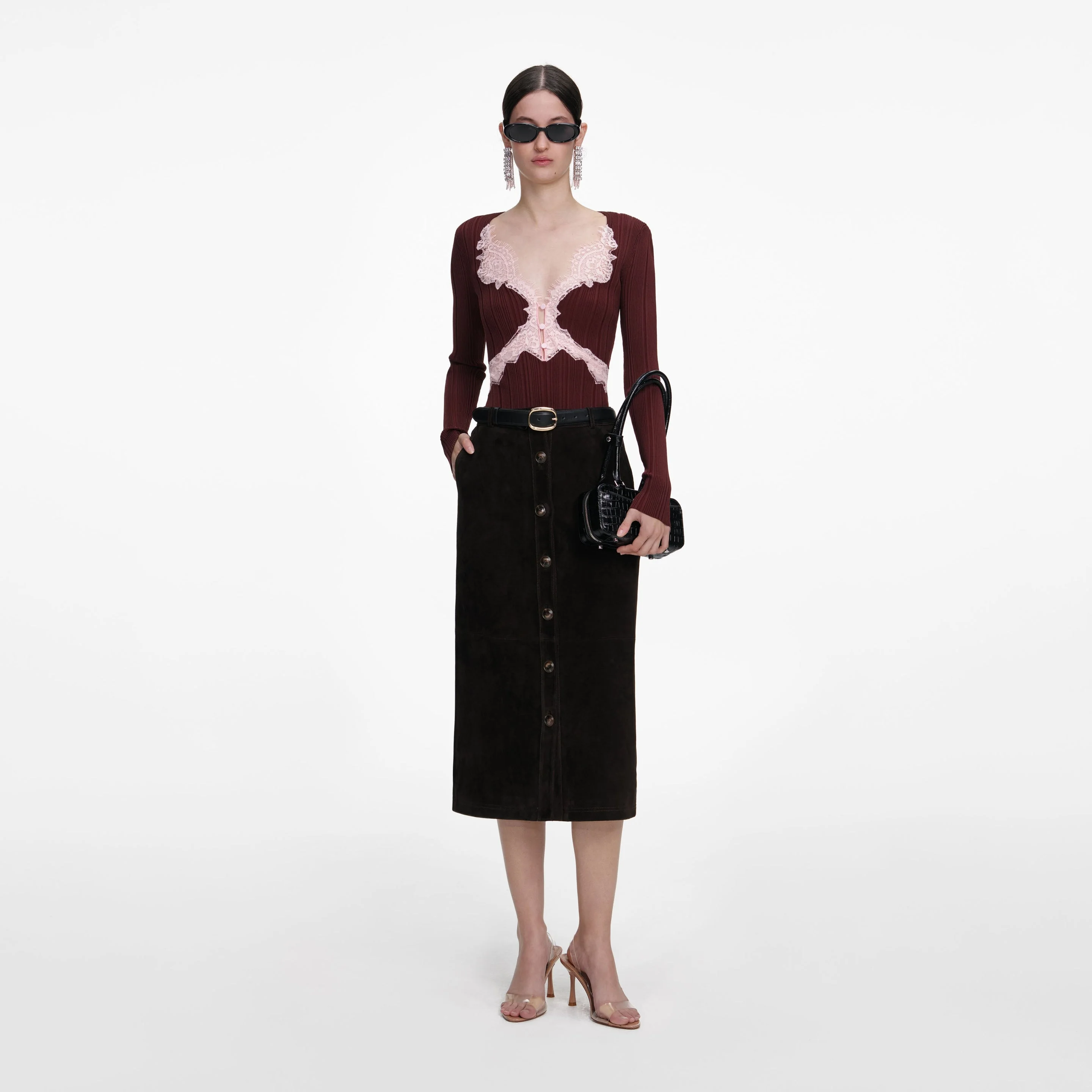 Brown Contrast Lace Knit Top - 1