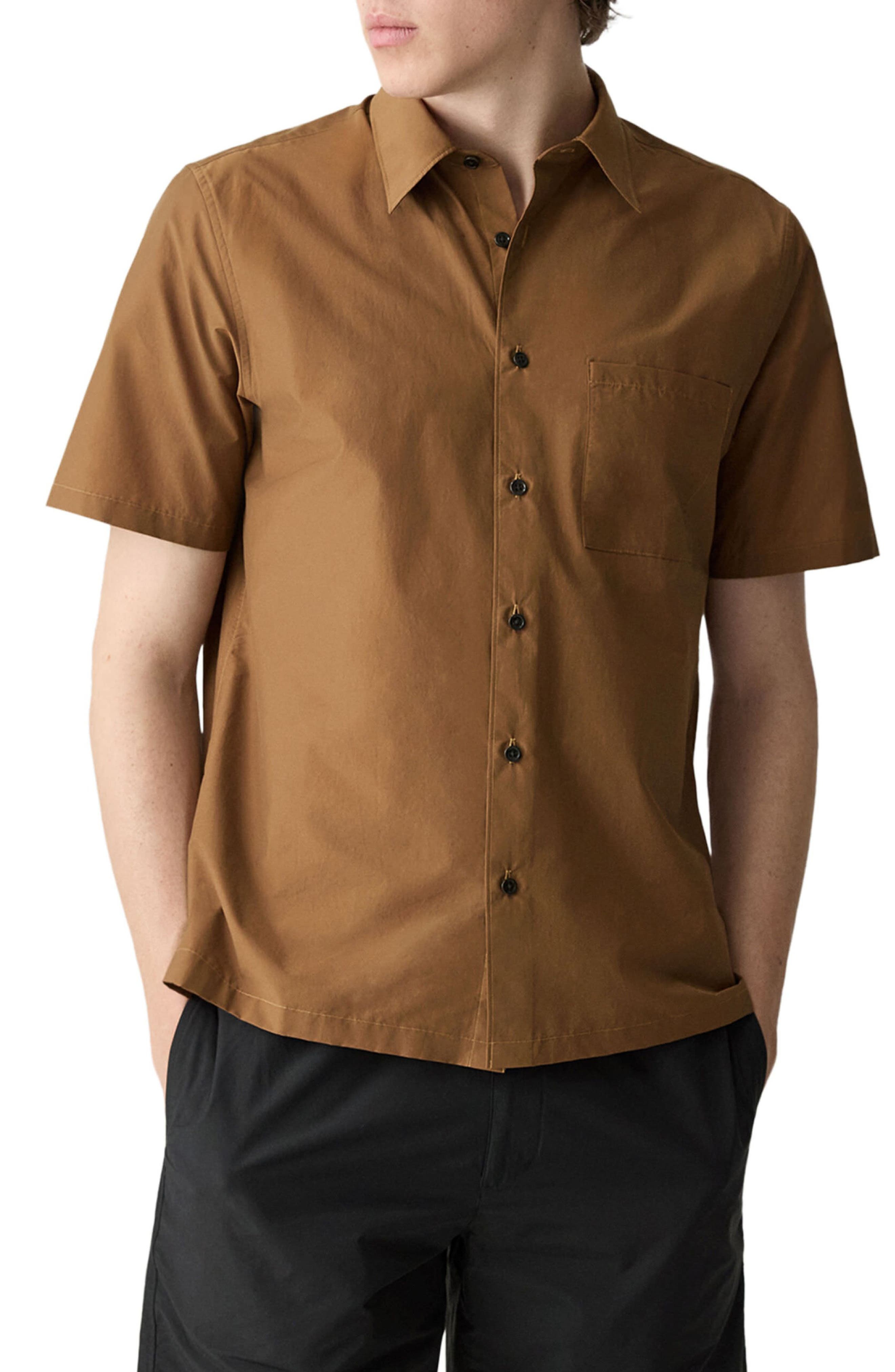 Theory Noll Soft Lawn Short Sleeve Button-Up Shirt in Deep Tobacco at Nordstrom - 1