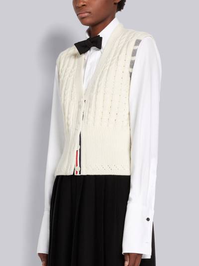 Thom Browne White Merino Wool 4-Bar Pointelle Cable Cardigan Vest outlook
