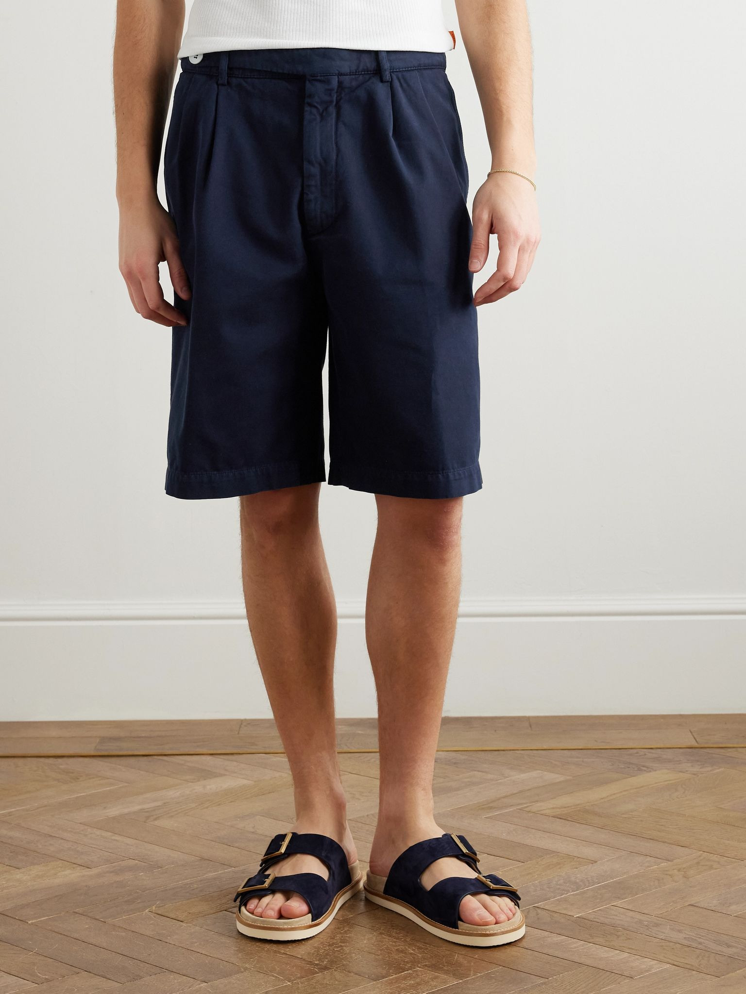 Straight-Leg Pleated Cotton-Twill Shorts Navy - 3